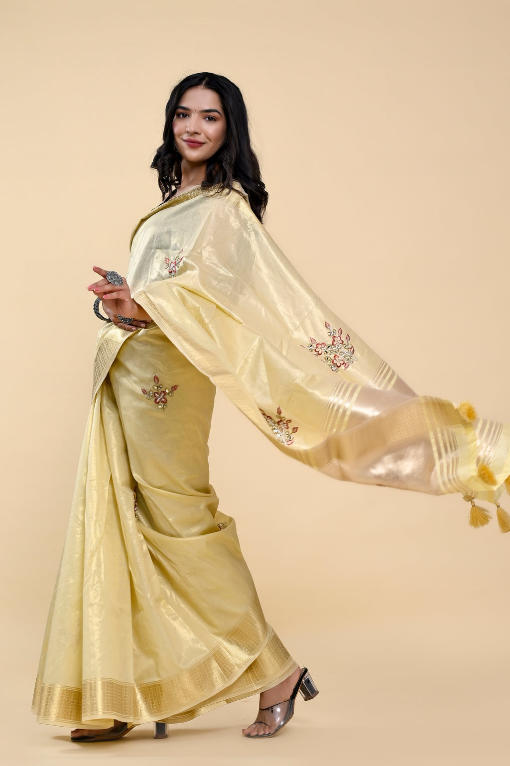Sunshine Glow Jacquard Cotton Saree | Hand-Embroidered Pearl & Thread Work Radiance