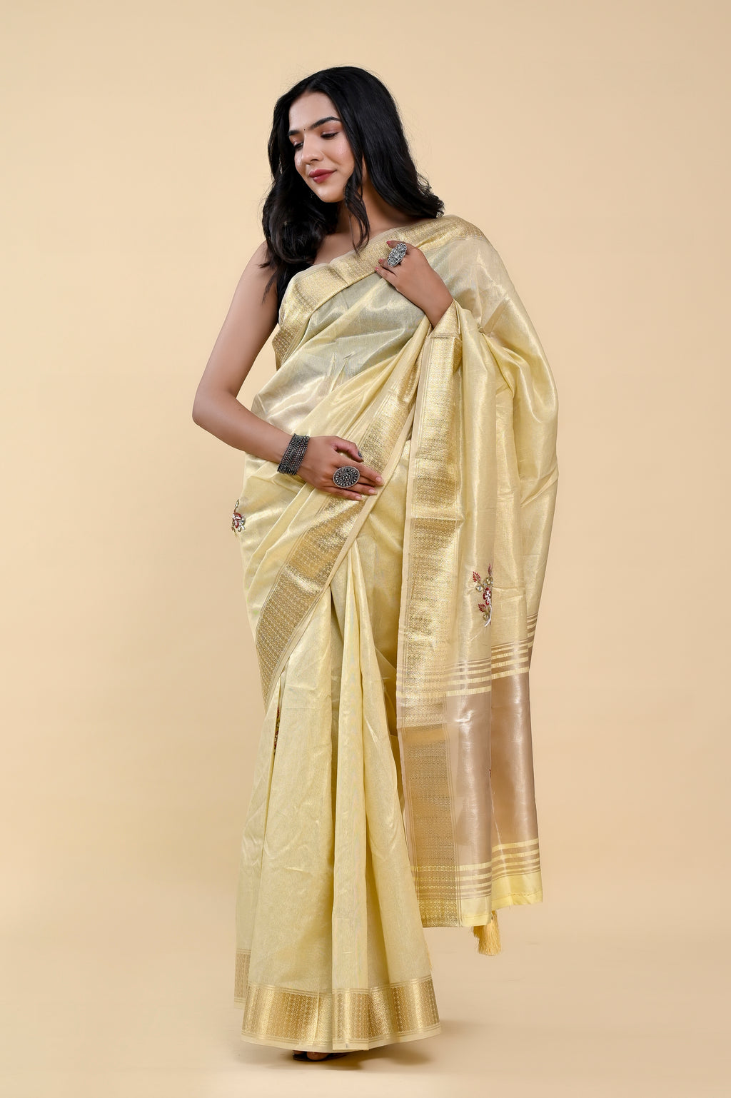 Sunshine Glow Jacquard Cotton Saree | Hand-Embroidered Pearl & Thread Work Radiance