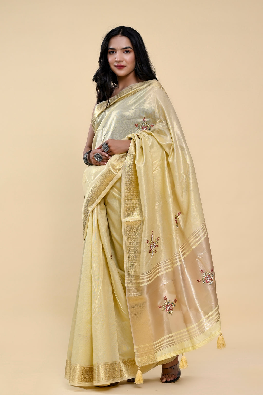 Sunshine Glow Jacquard Cotton Saree | Hand-Embroidered Pearl & Thread Work Radiance