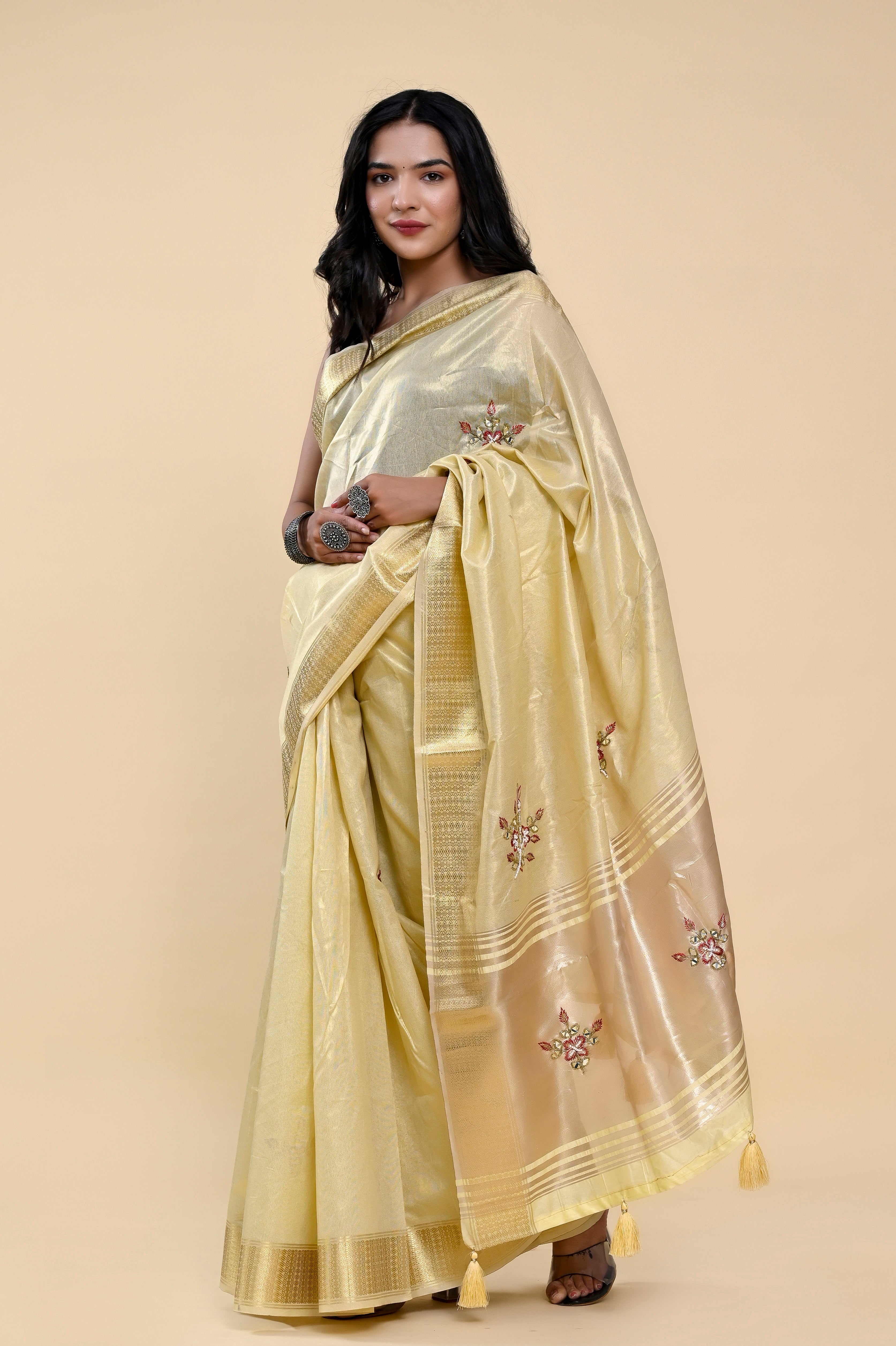 Sunshine Glow Jacquard Cotton Saree | Hand-Embroidered Pearl & Thread Work Radiance