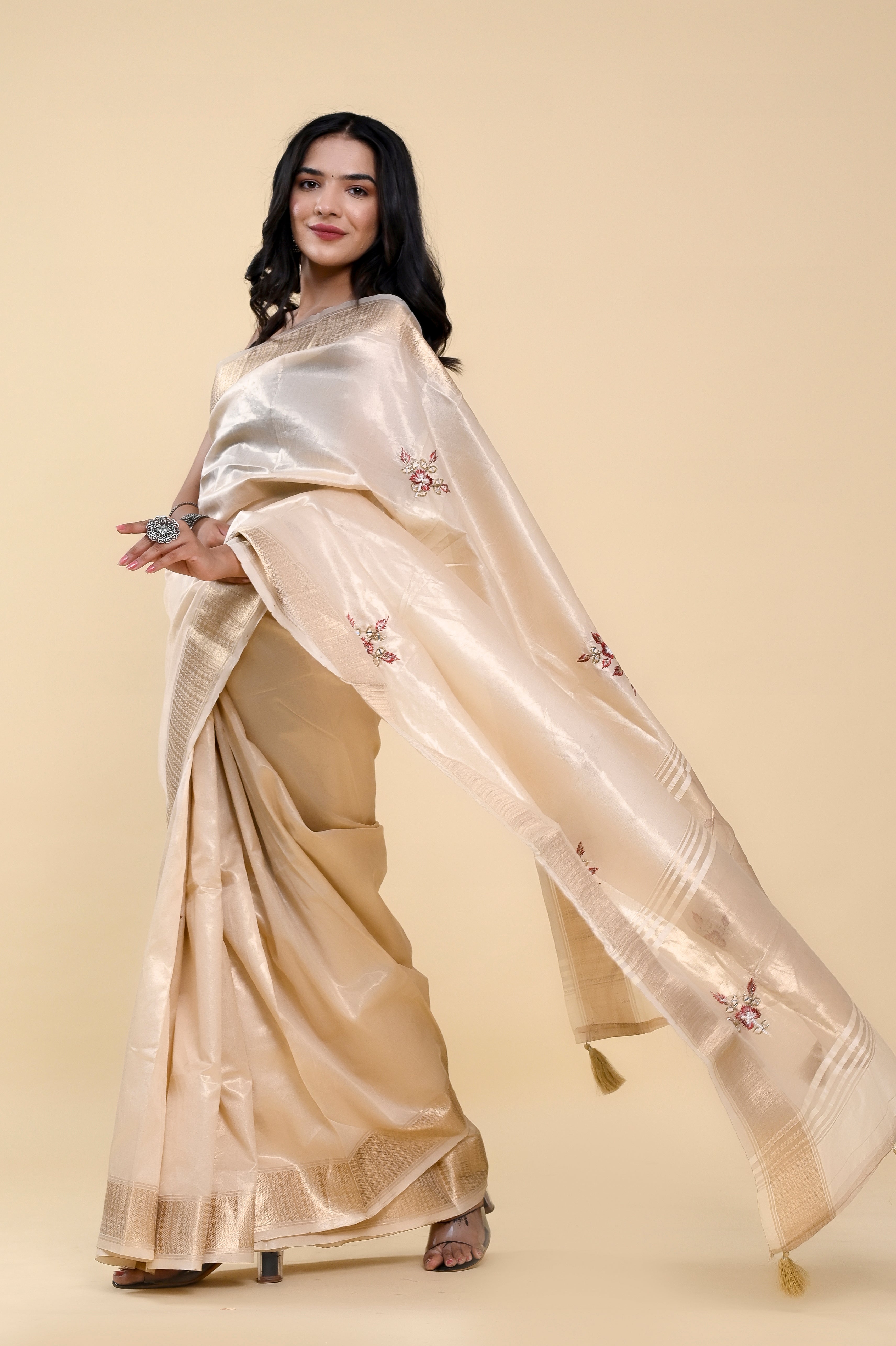 Ivory Elegance Jacquard Cotton Saree | Hand-Embroidered Pearl & Thread Work Sophistication