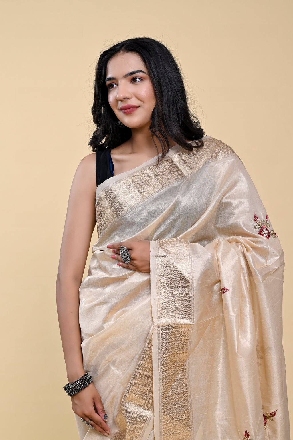 Ivory Elegance Jacquard Cotton Saree | Hand-Embroidered Pearl & Thread Work Sophistication