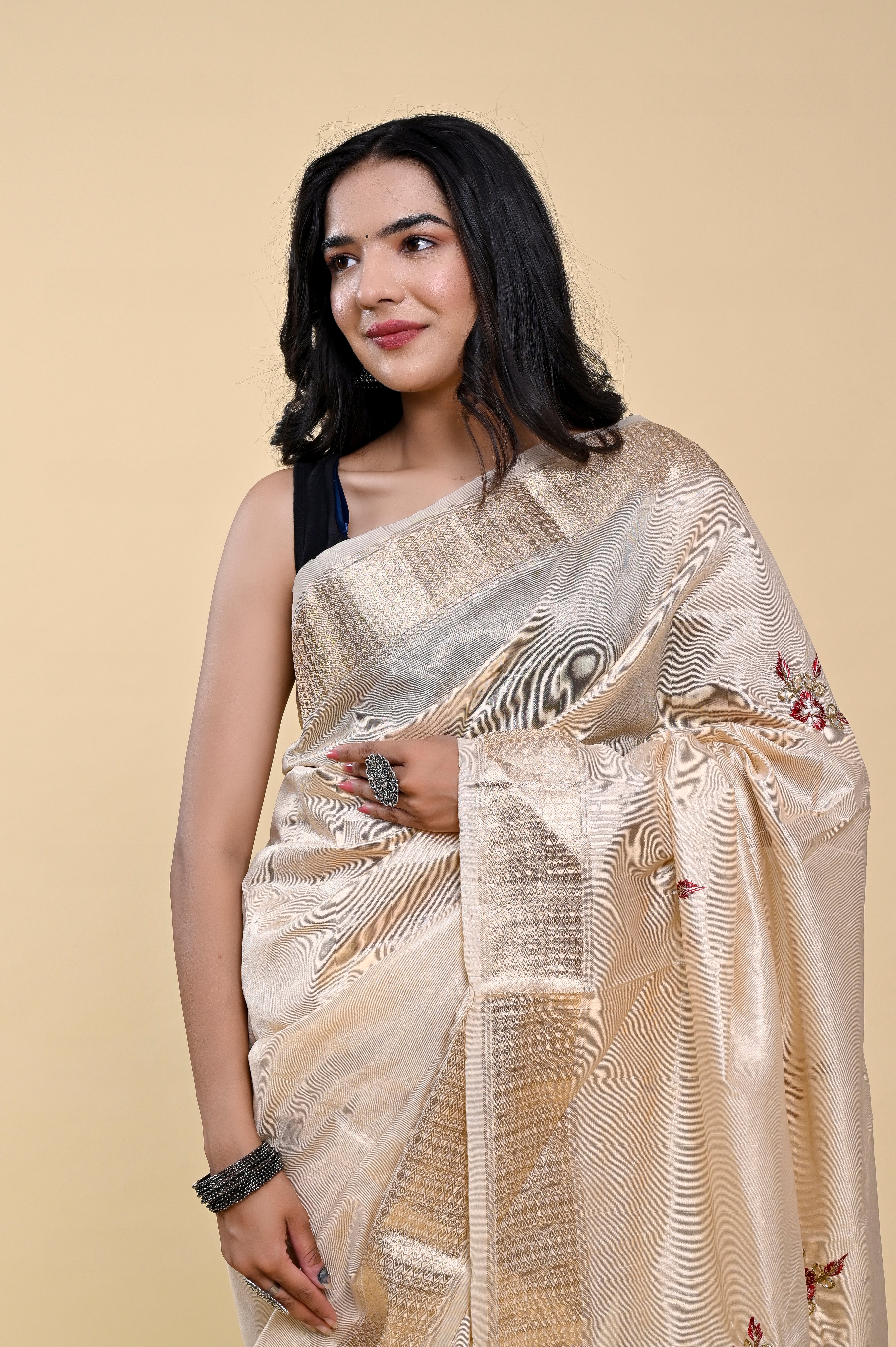 Ivory Elegance Jacquard Cotton Saree | Hand-Embroidered Pearl & Thread Work Sophistication