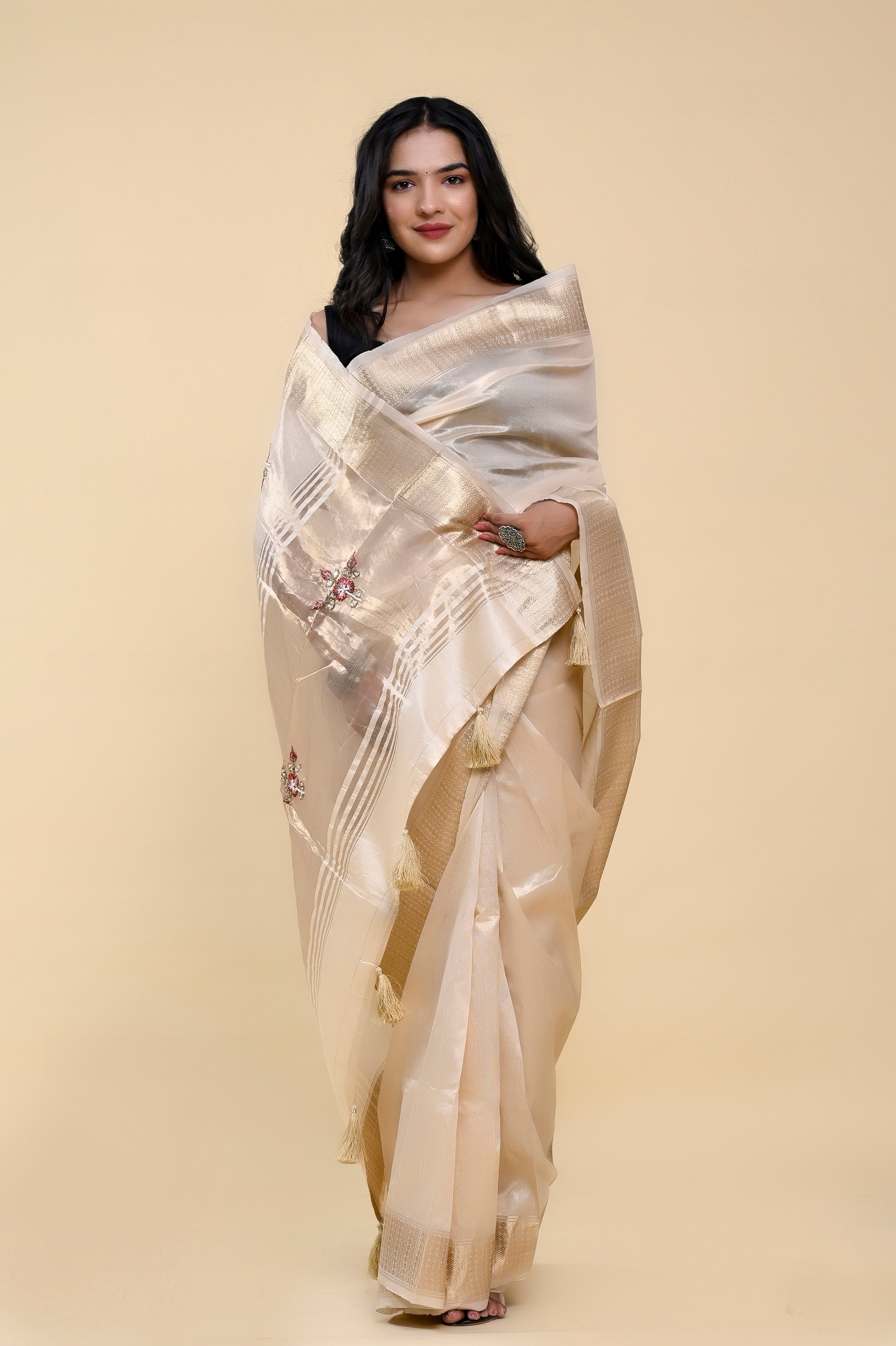 Ivory Elegance Jacquard Cotton Saree | Hand-Embroidered Pearl & Thread Work Sophistication