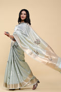 Ocean Breeze Jacquard Cotton Saree | Hand-Embroidered Pearl & Thread Work Serenity