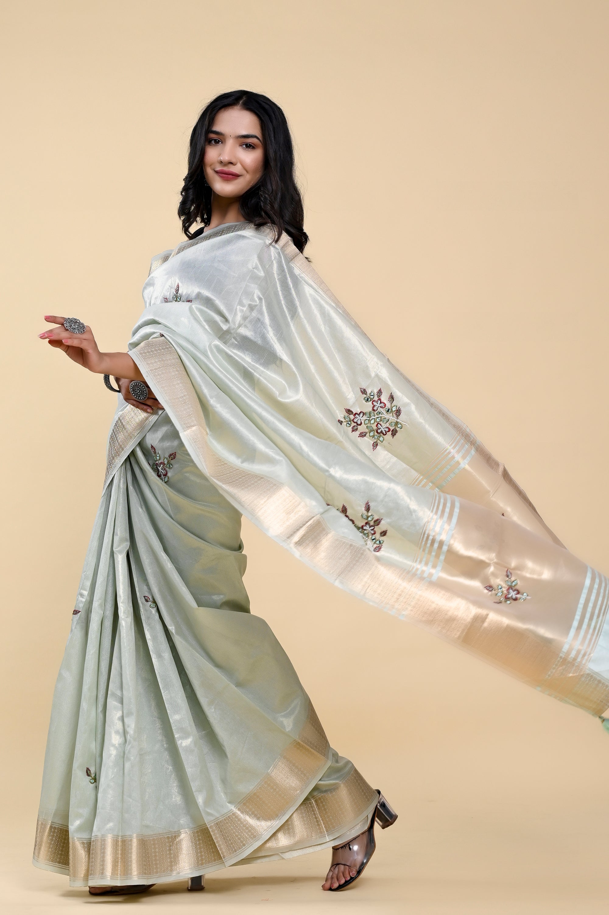 Ocean Breeze Jacquard Cotton Saree | Hand-Embroidered Pearl & Thread Work Serenity