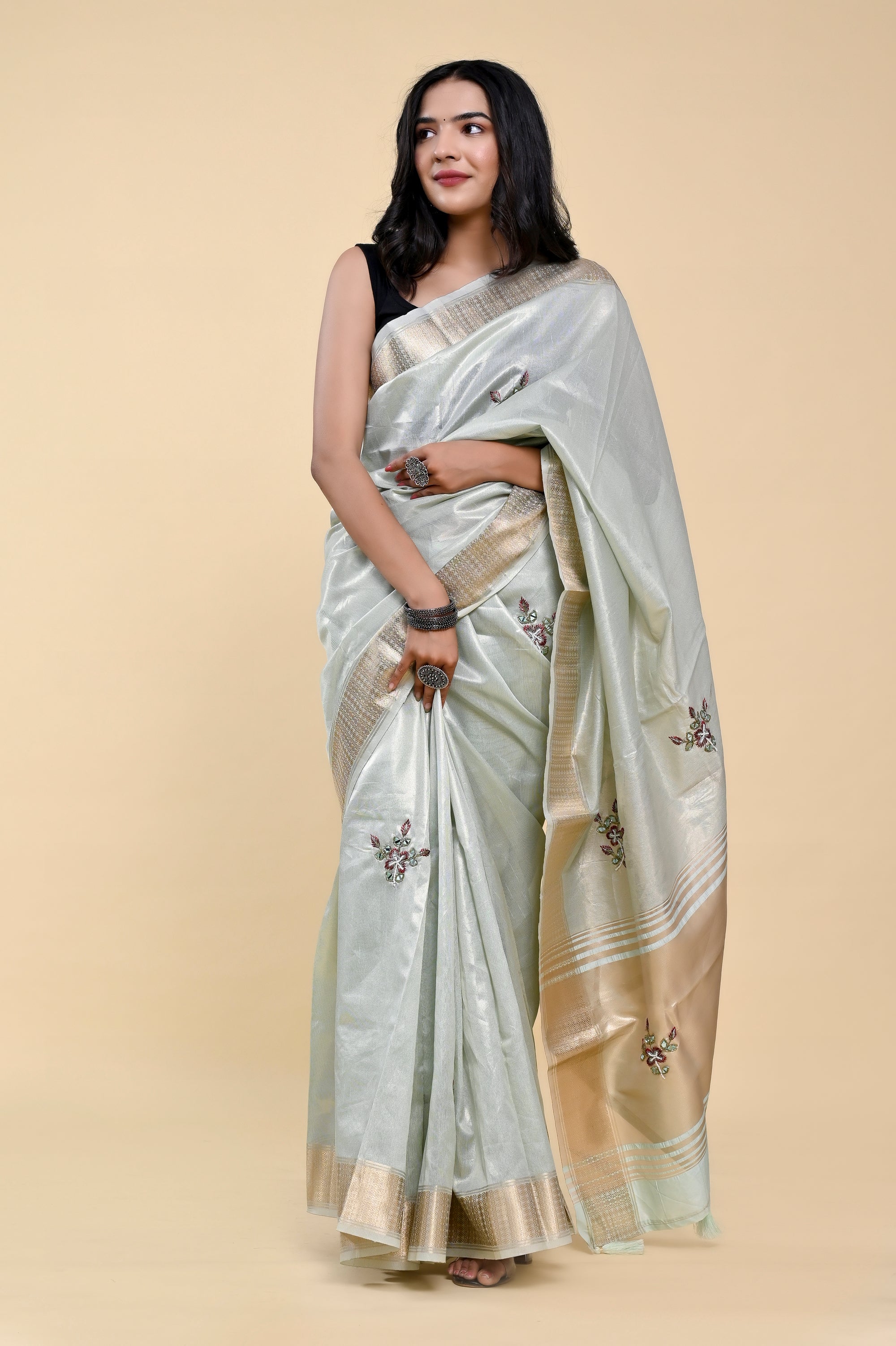 Ocean Breeze Jacquard Cotton Saree | Hand-Embroidered Pearl & Thread Work Serenity