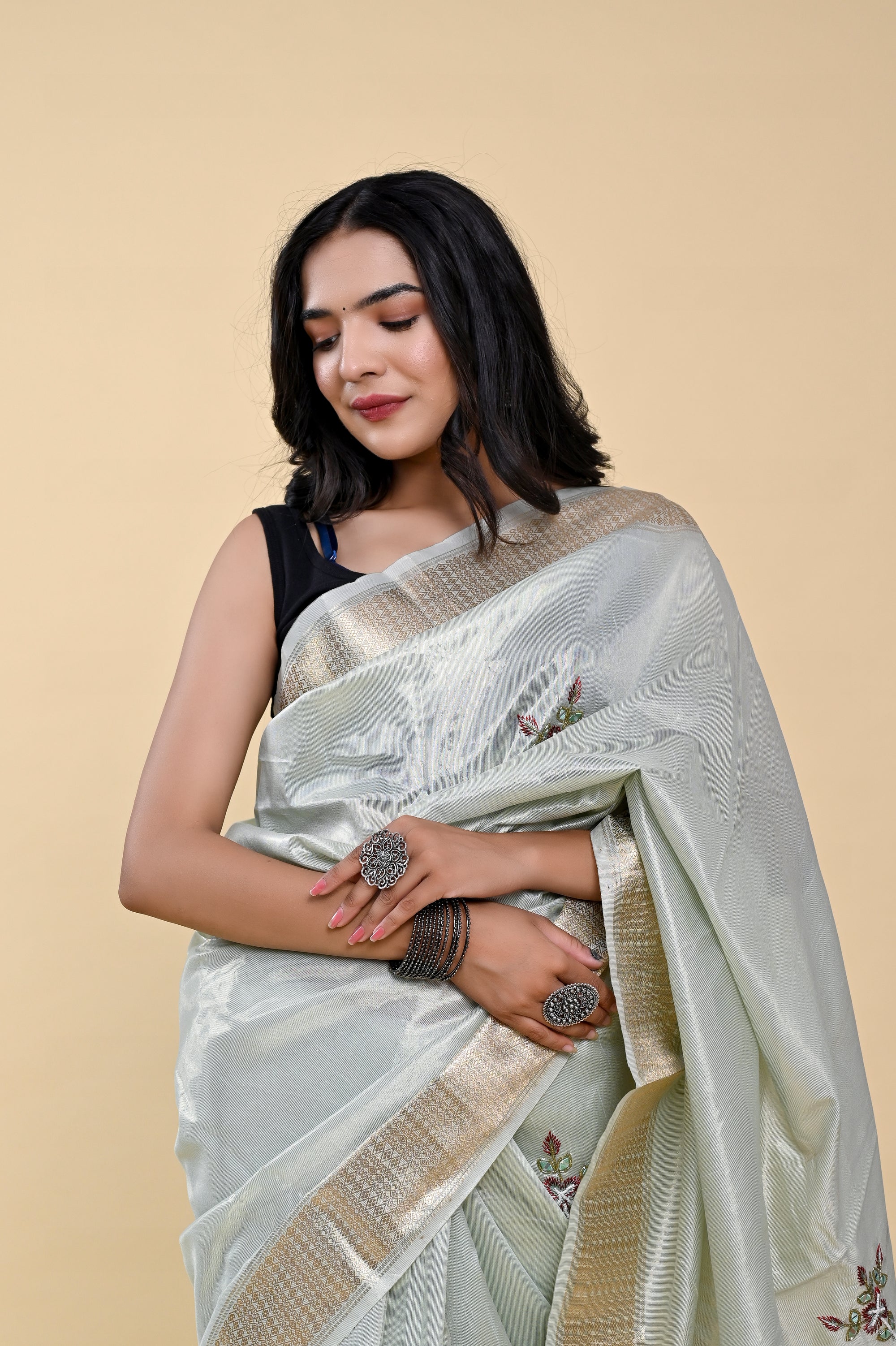Ocean Breeze Jacquard Cotton Saree | Hand-Embroidered Pearl & Thread Work Serenity