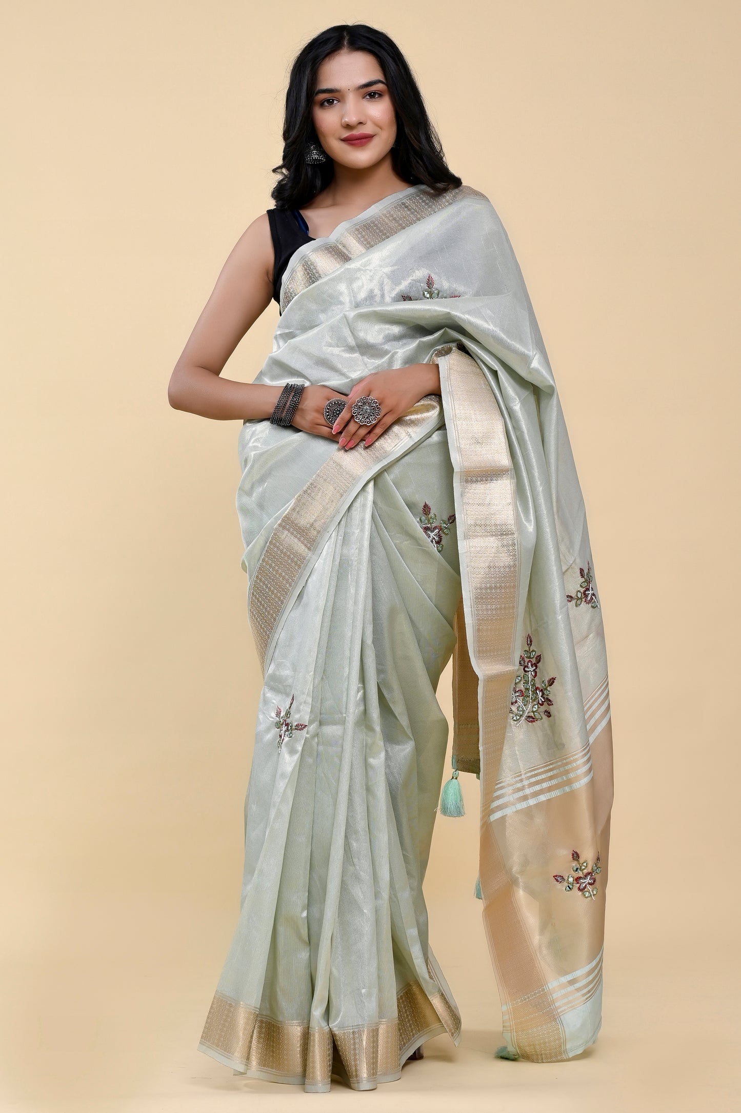 Ocean Breeze Jacquard Cotton Saree | Hand-Embroidered Pearl & Thread Work Serenity