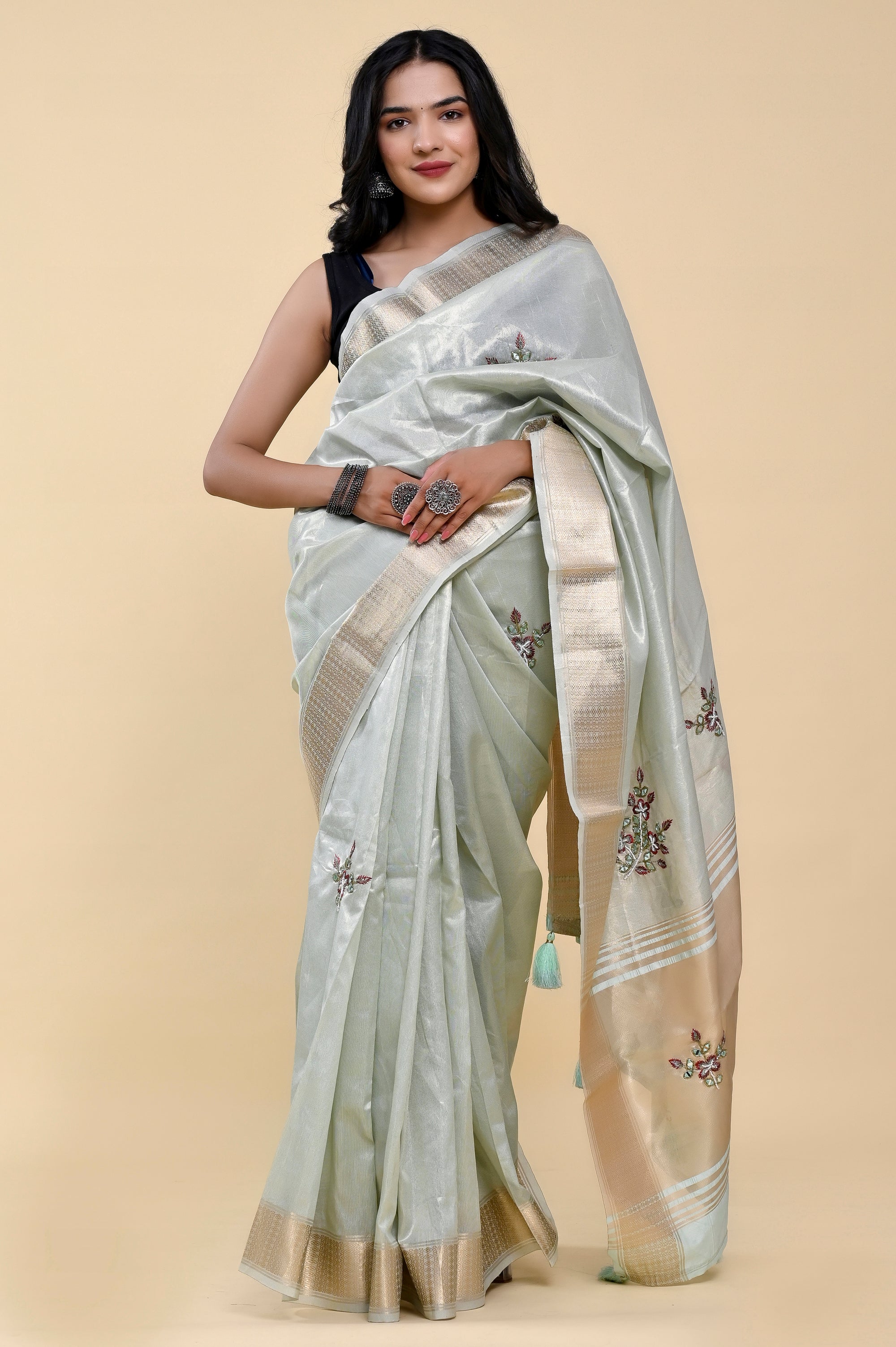 Ocean Breeze Jacquard Cotton Saree | Hand-Embroidered Pearl & Thread Work Serenity