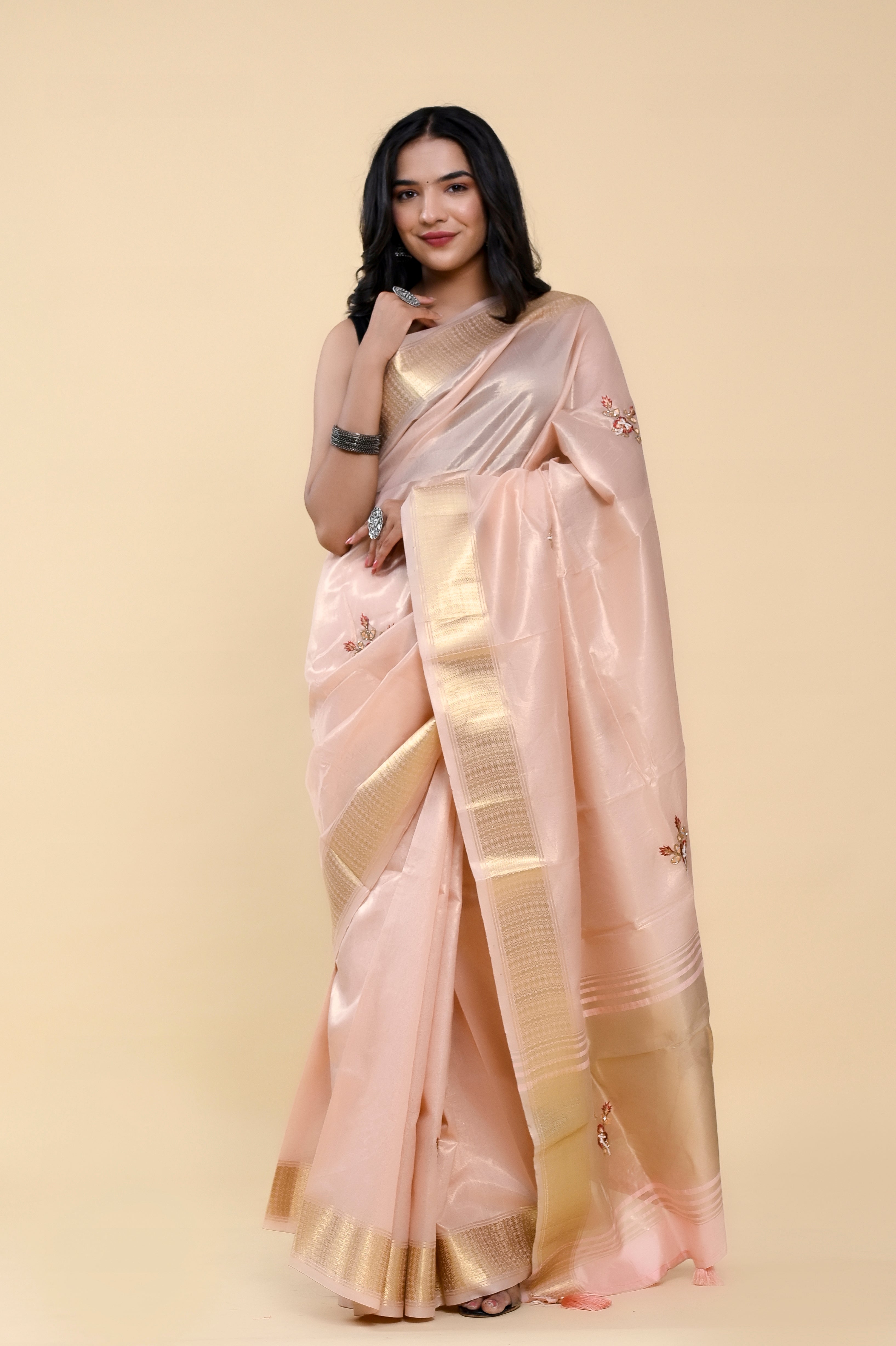 Blush Garden Jacquard Cotton Saree | Hand-Embroidered Pearl & Thread Work Romance