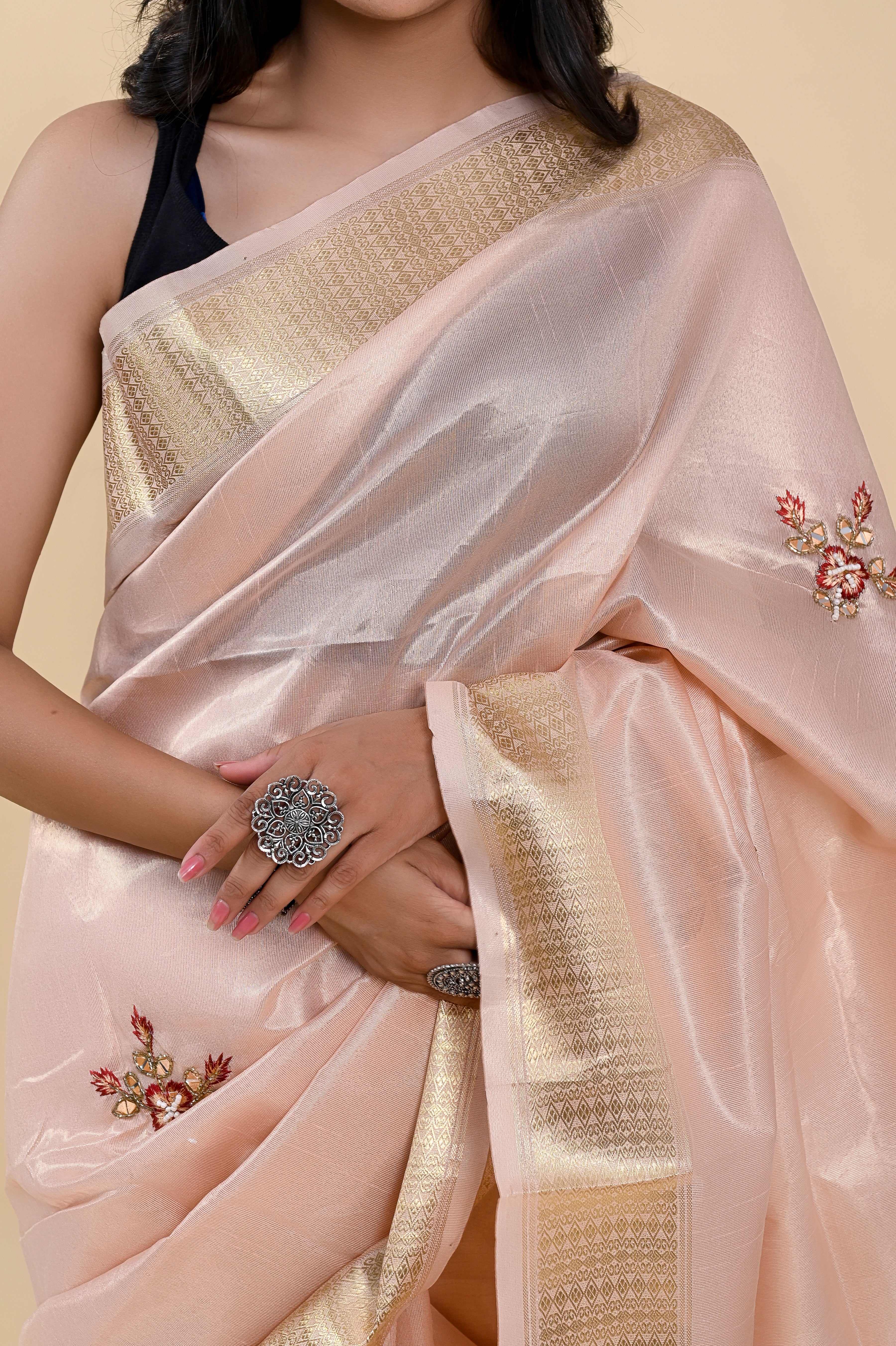 Blush Garden Jacquard Cotton Saree | Hand-Embroidered Pearl & Thread Work Romance