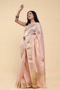 Blush Garden Jacquard Cotton Saree | Hand-Embroidered Pearl & Thread Work Romance