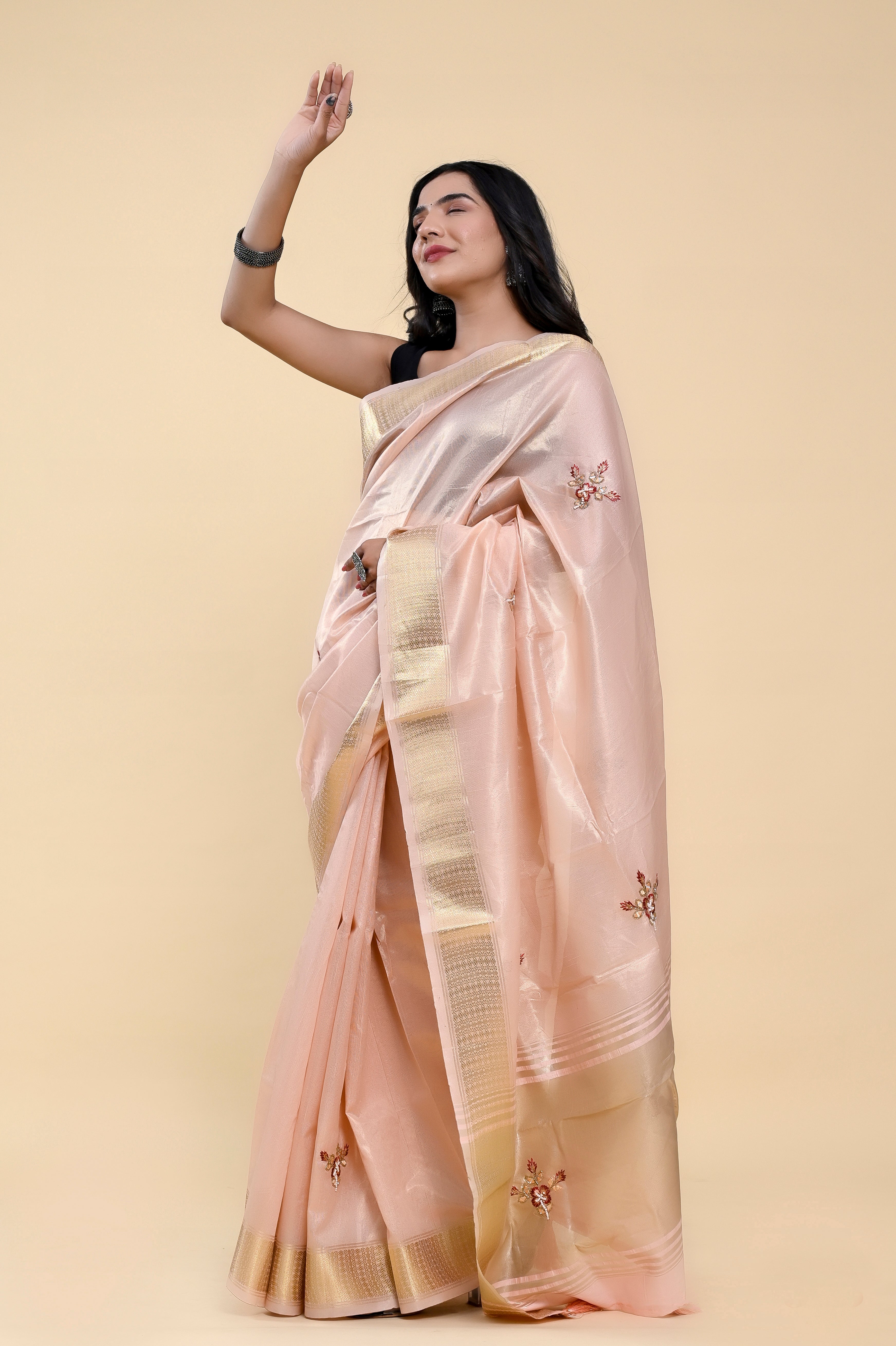 Blush Garden Jacquard Cotton Saree | Hand-Embroidered Pearl & Thread Work Romance
