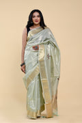 Emerald Mist Jacquard Cotton Saree | Hand-Embroidered Pearl & Thread Work Freshness