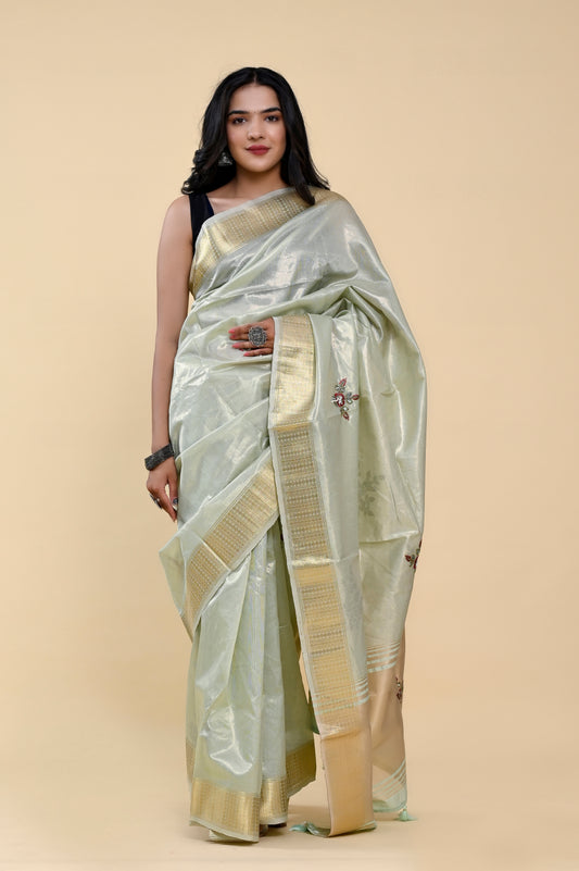 Emerald Mist Jacquard Cotton Saree | Hand-Embroidered Pearl & Thread Work Freshness