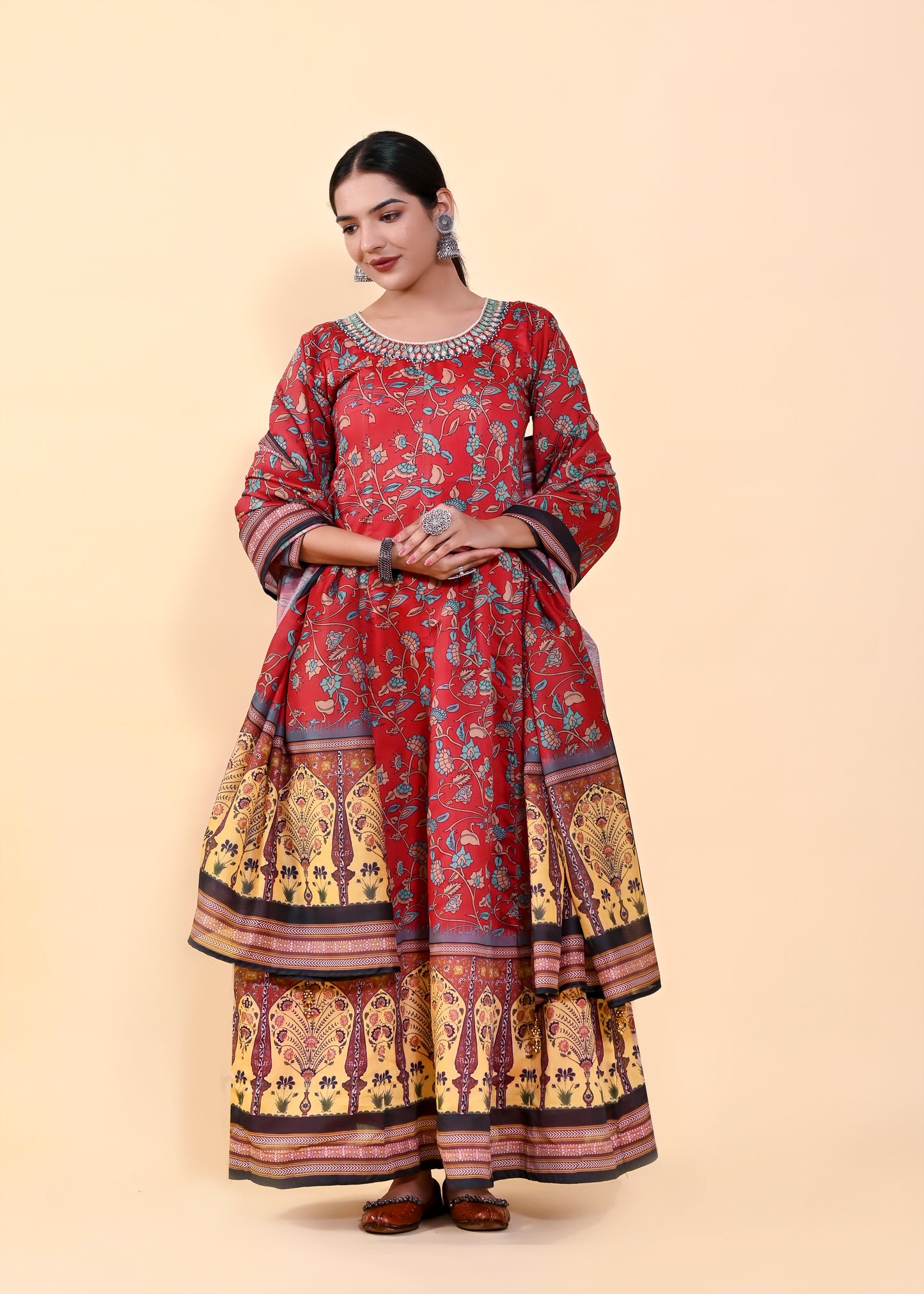 Radiant Multi-Color Chanderi Silk Gown | Hand-Embroidered Beads & Stones Elegance