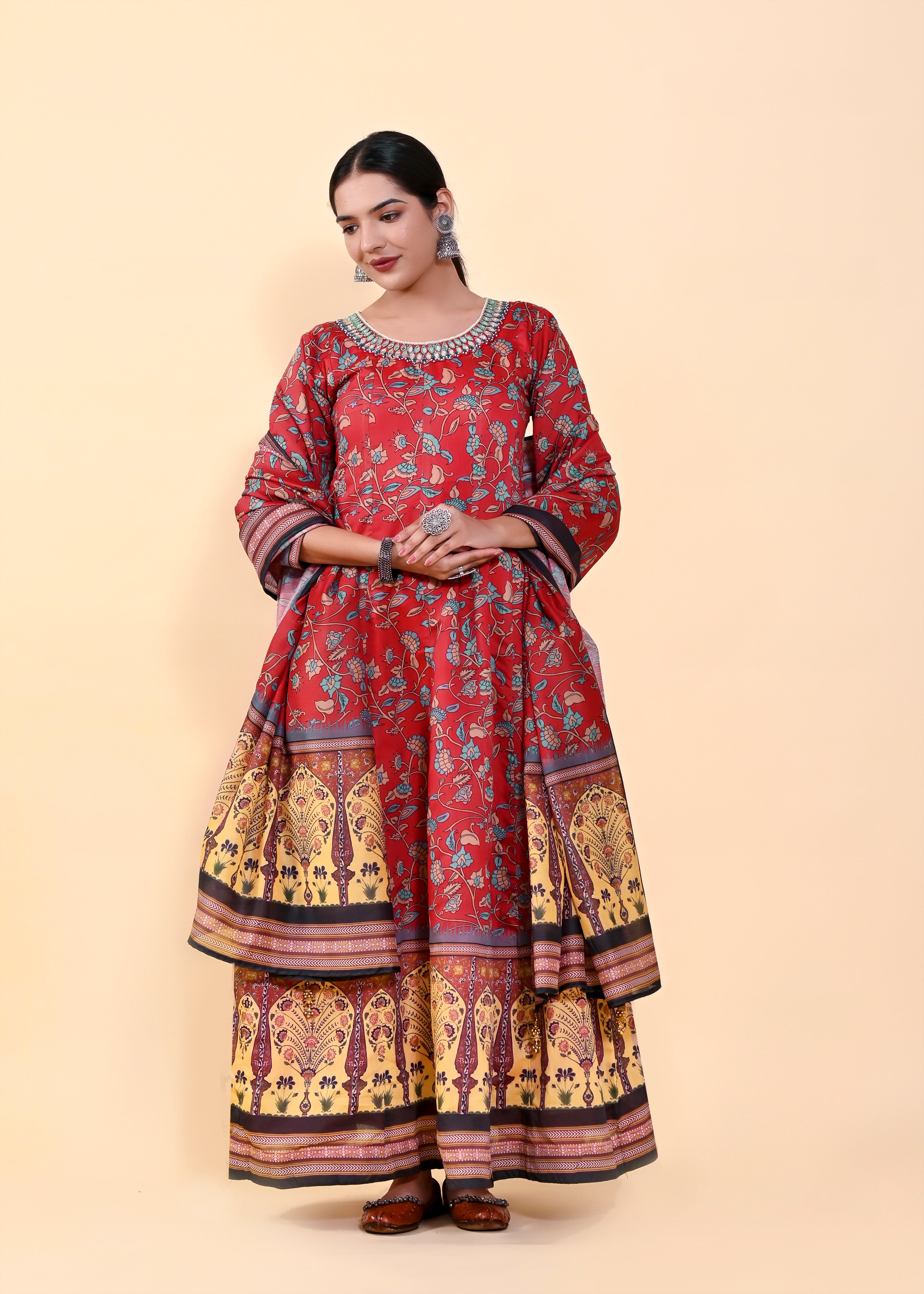 Radiant Multi-Color Chanderi Silk Gown | Hand-Embroidered Beads & Stones Elegance