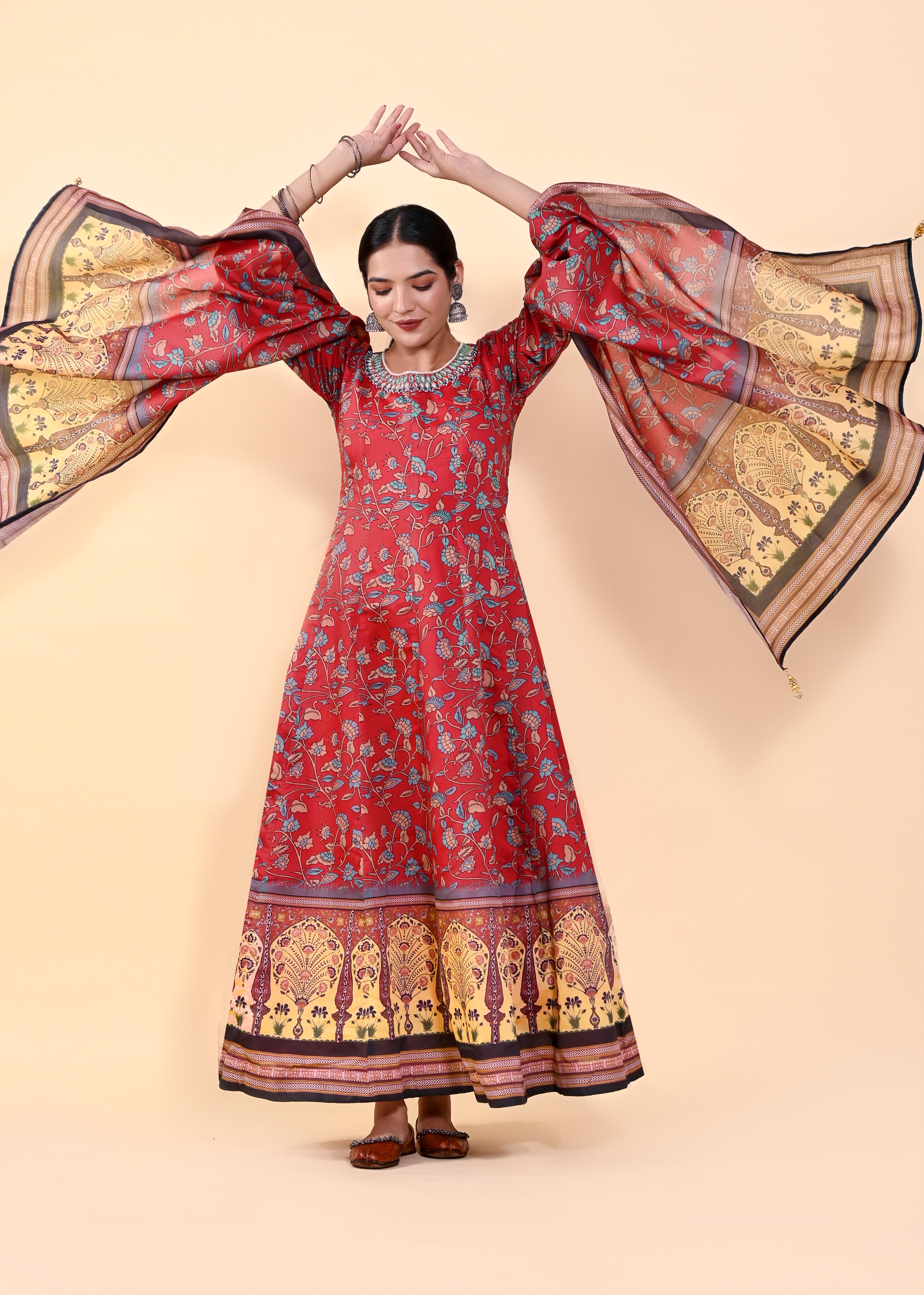 Radiant Multi-Color Chanderi Silk Gown | Hand-Embroidered Beads & Stones Elegance