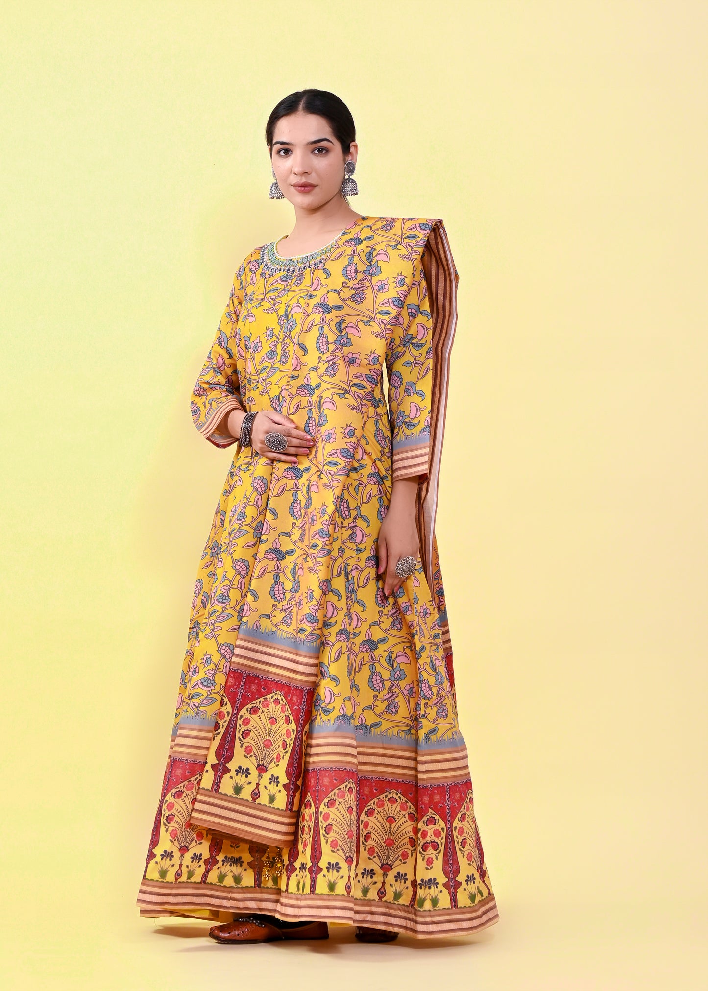 Luminous Multi-Color Chanderi Silk Gown | Hand-Embroidered Beads & Stones Splendor