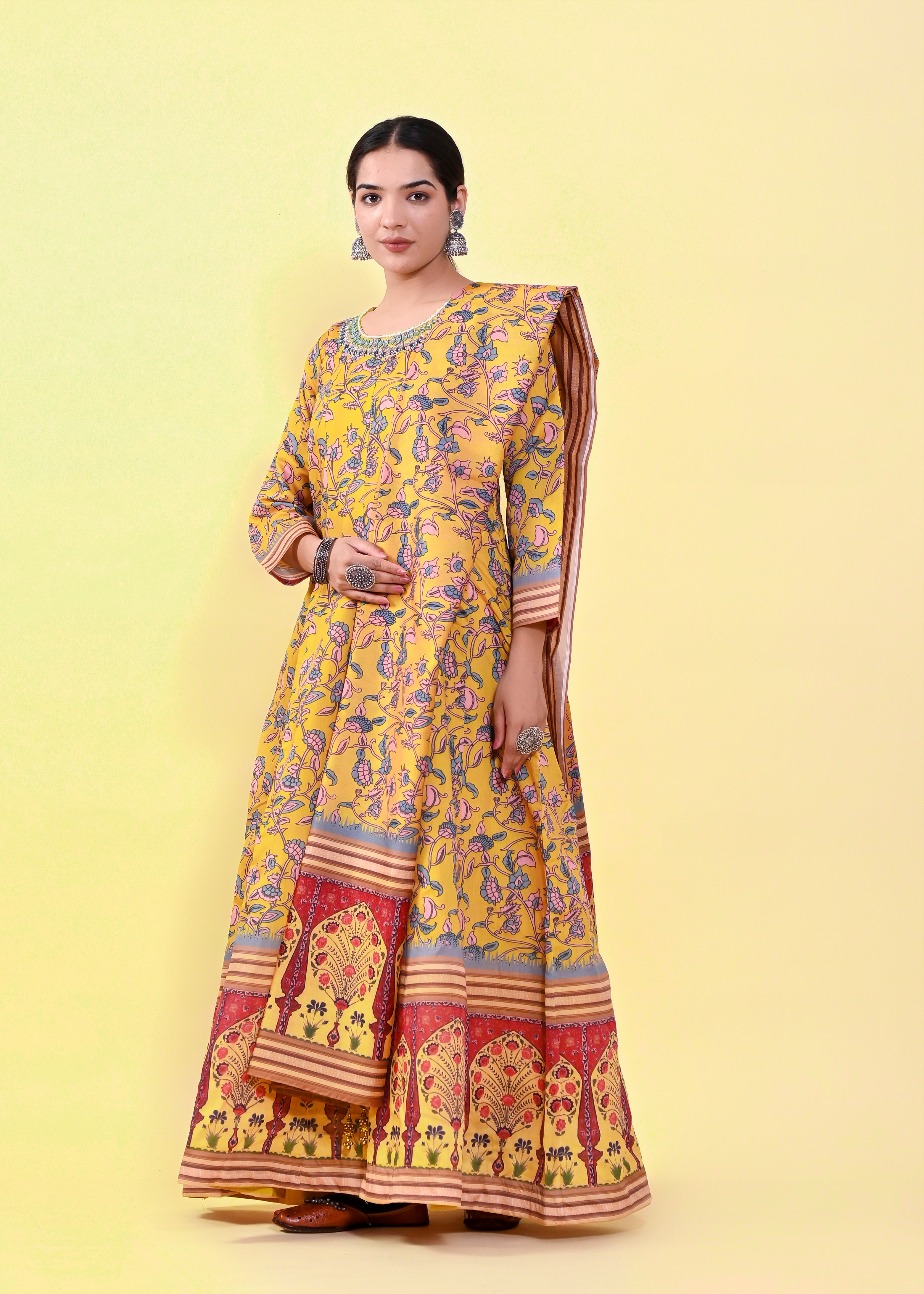 Luminous Multi-Color Chanderi Silk Gown | Hand-Embroidered Beads & Stones Splendor