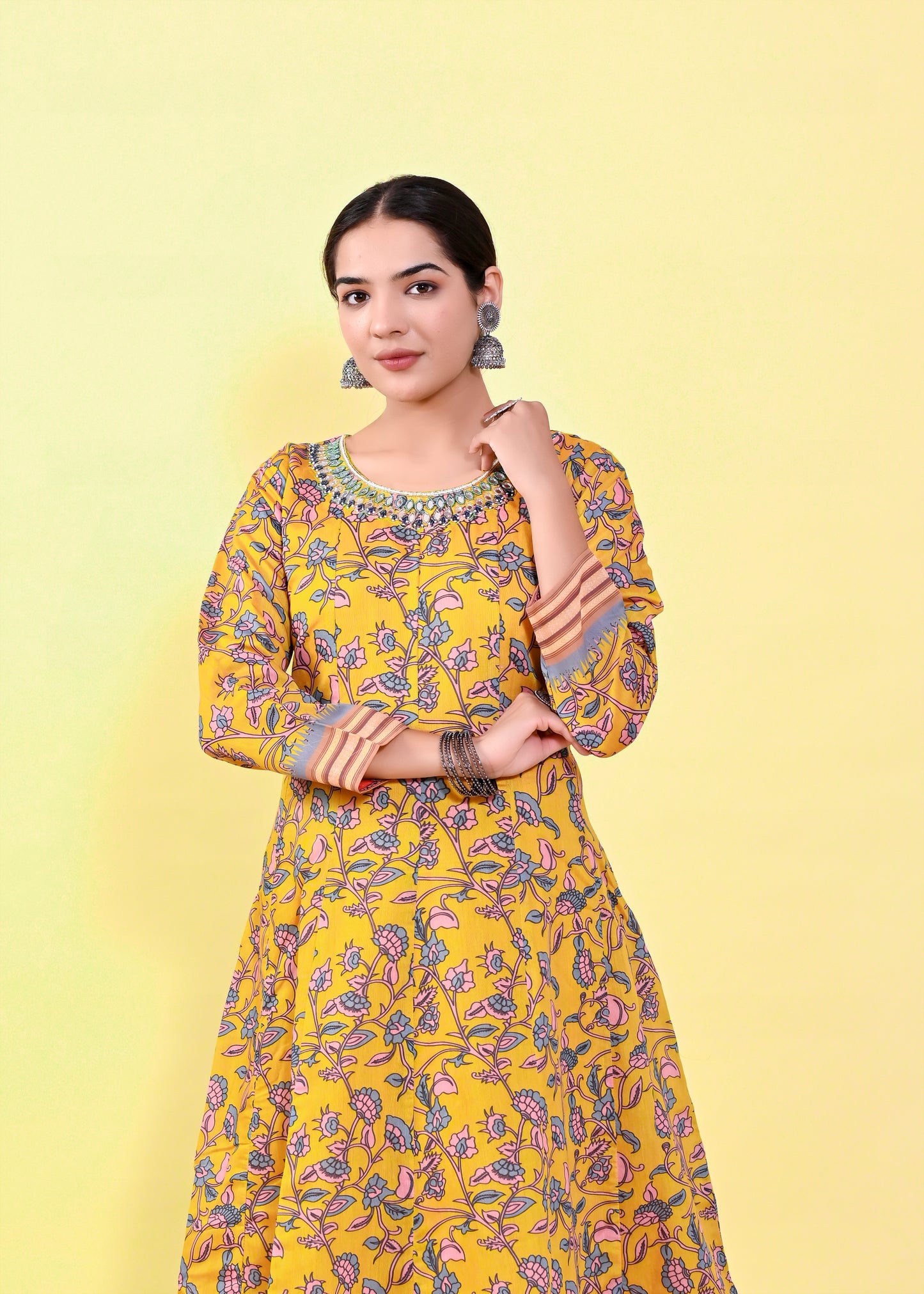 Luminous Multi-Color Chanderi Silk Gown | Hand-Embroidered Beads & Stones Splendor