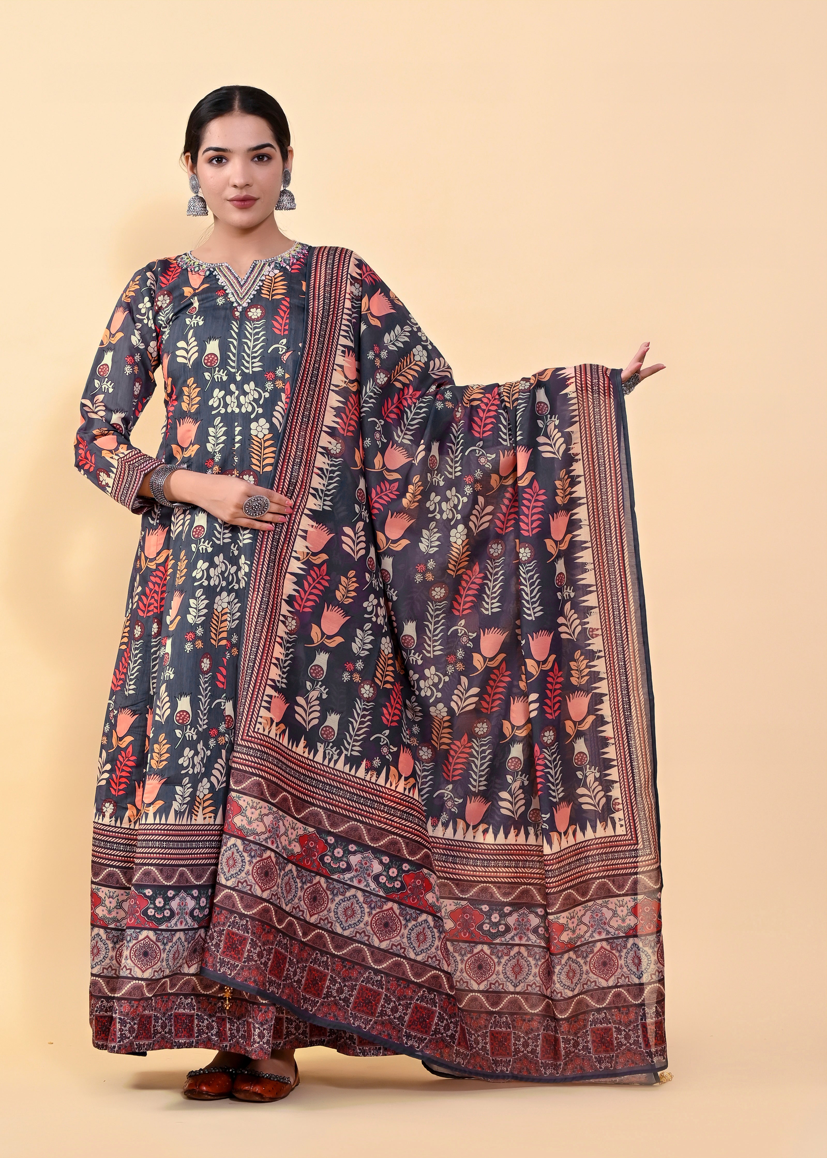 Vibrant Multi-Color Chanderi Silk Gown | Hand-Embroidered Beads & Stones Majesty