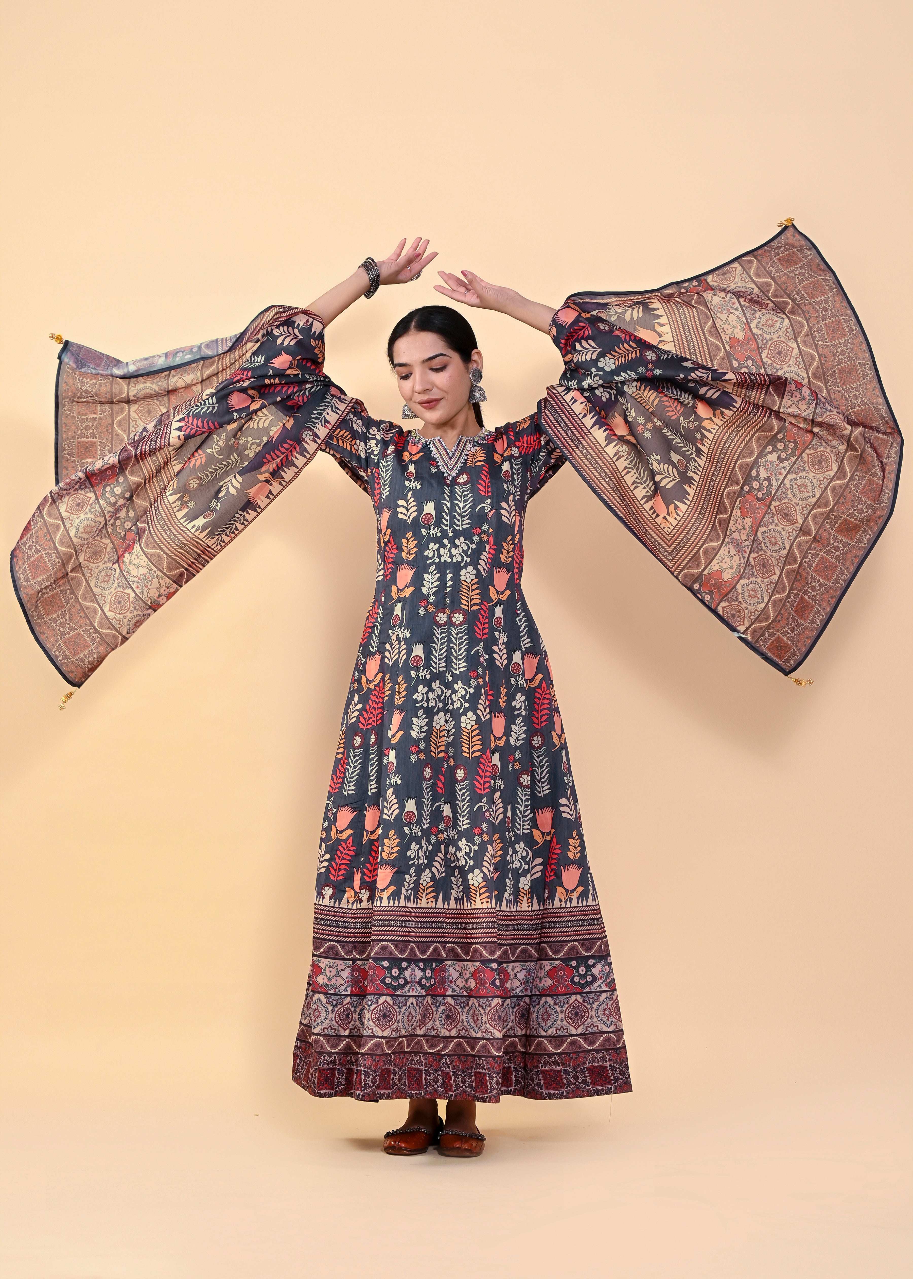 Vibrant Multi-Color Chanderi Silk Gown | Hand-Embroidered Beads & Stones Majesty