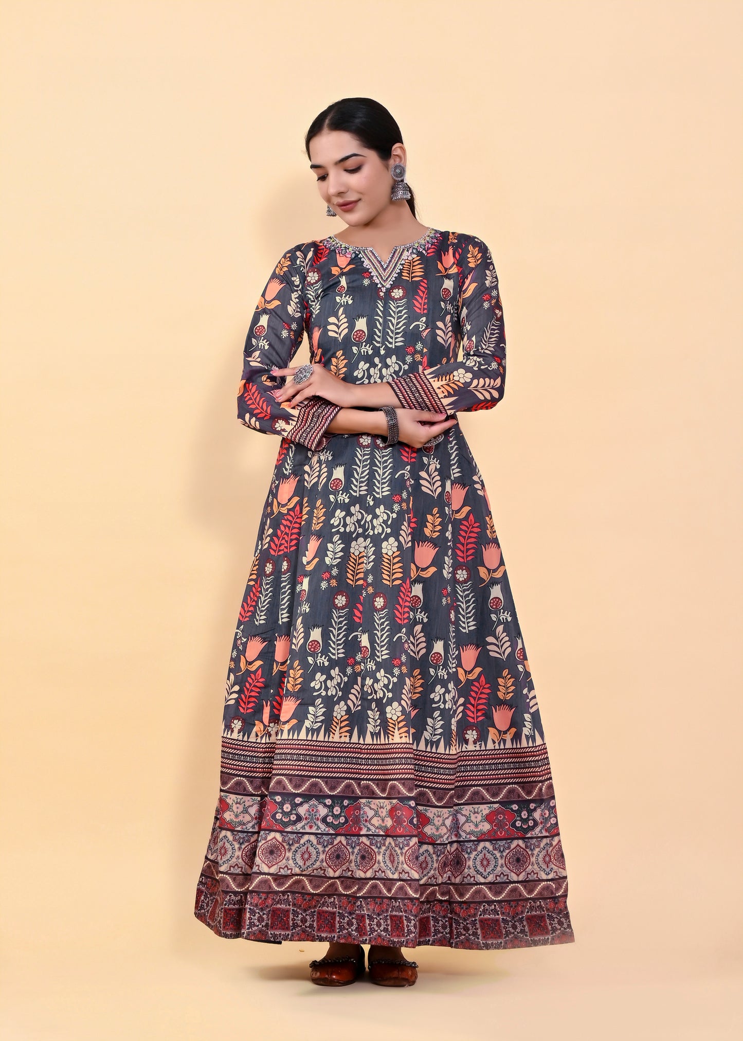 Vibrant Multi-Color Chanderi Silk Gown | Hand-Embroidered Beads & Stones Majesty