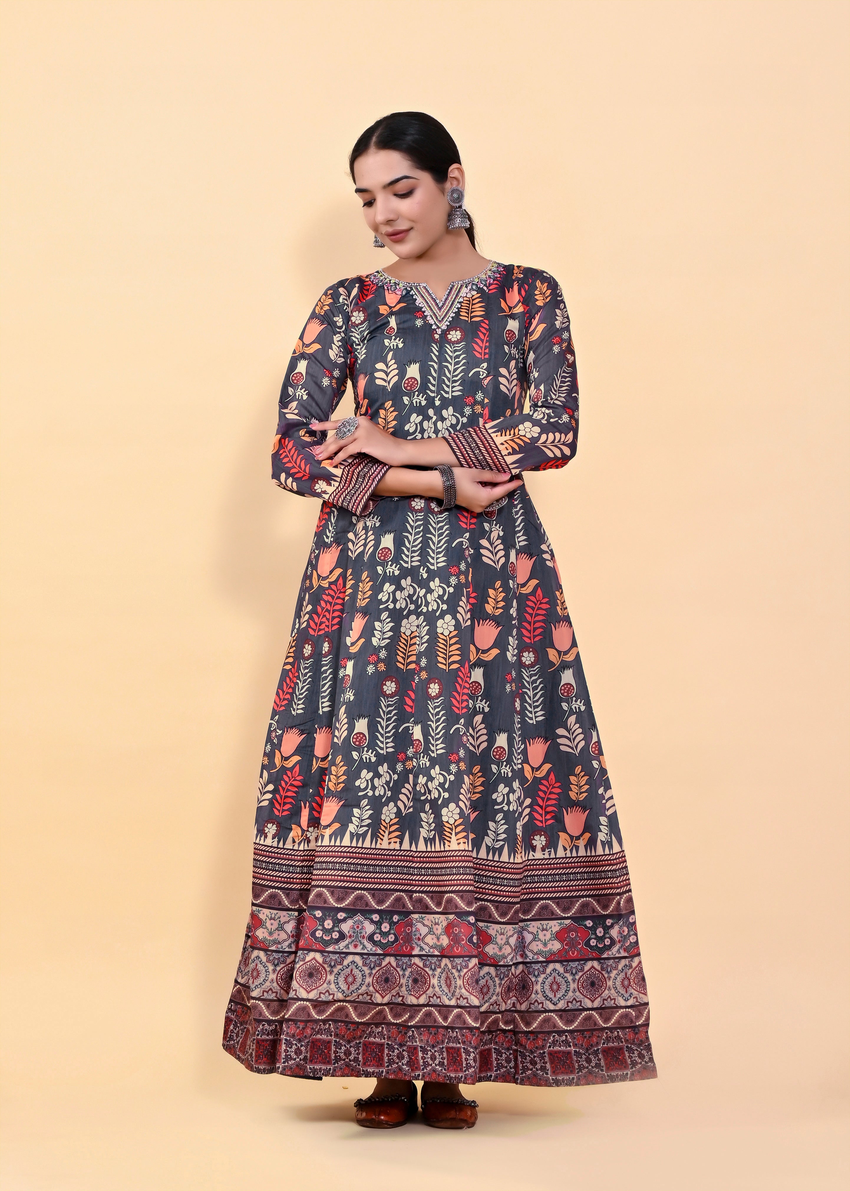 Vibrant Multi-Color Chanderi Silk Gown | Hand-Embroidered Beads & Stones Majesty