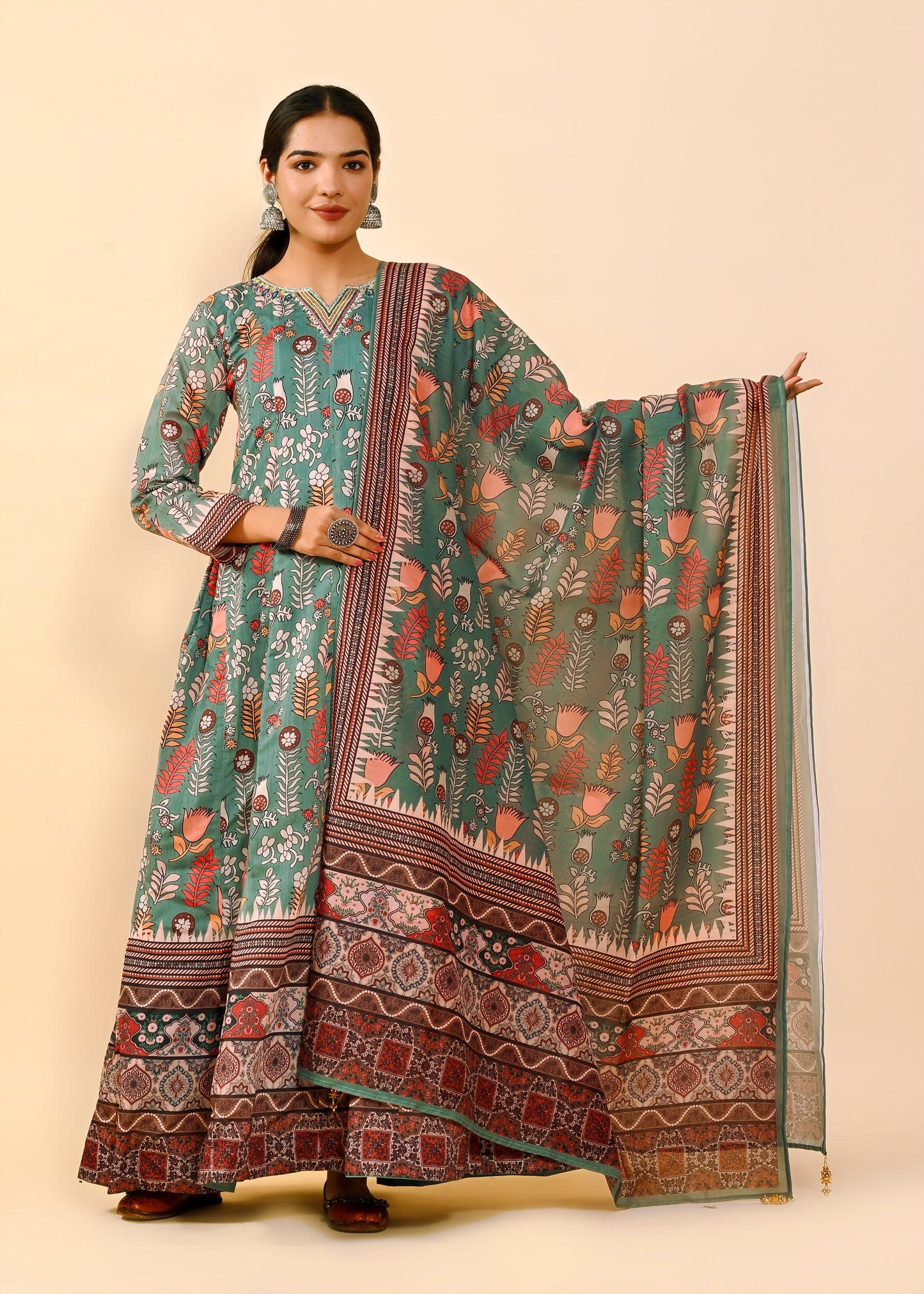 Dazzling Multi-Color Chanderi Silk Gown | Hand-Embroidered Beads & Stones Radiance