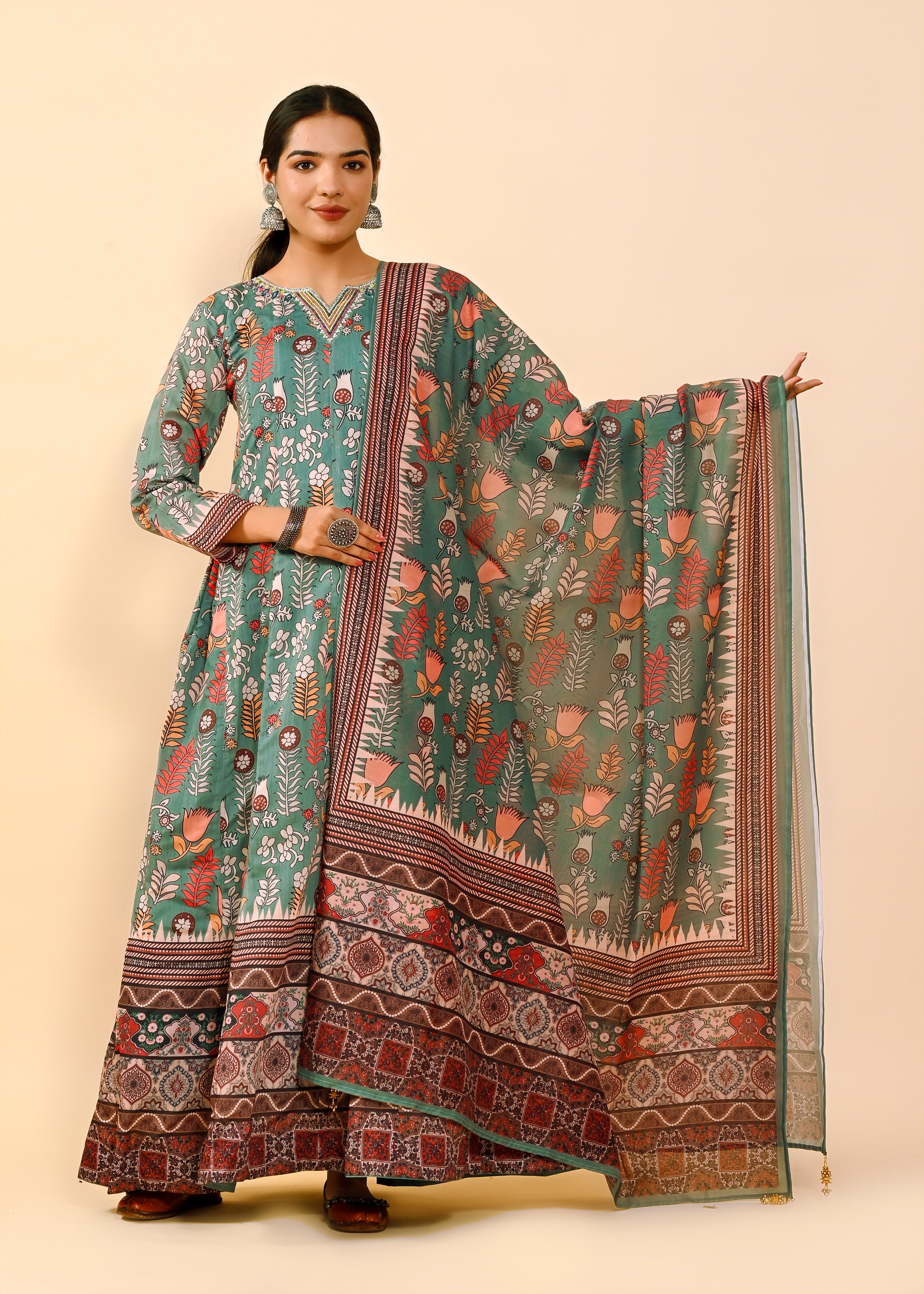 Dazzling Multi-Color Chanderi Silk Gown | Hand-Embroidered Beads & Stones Radiance