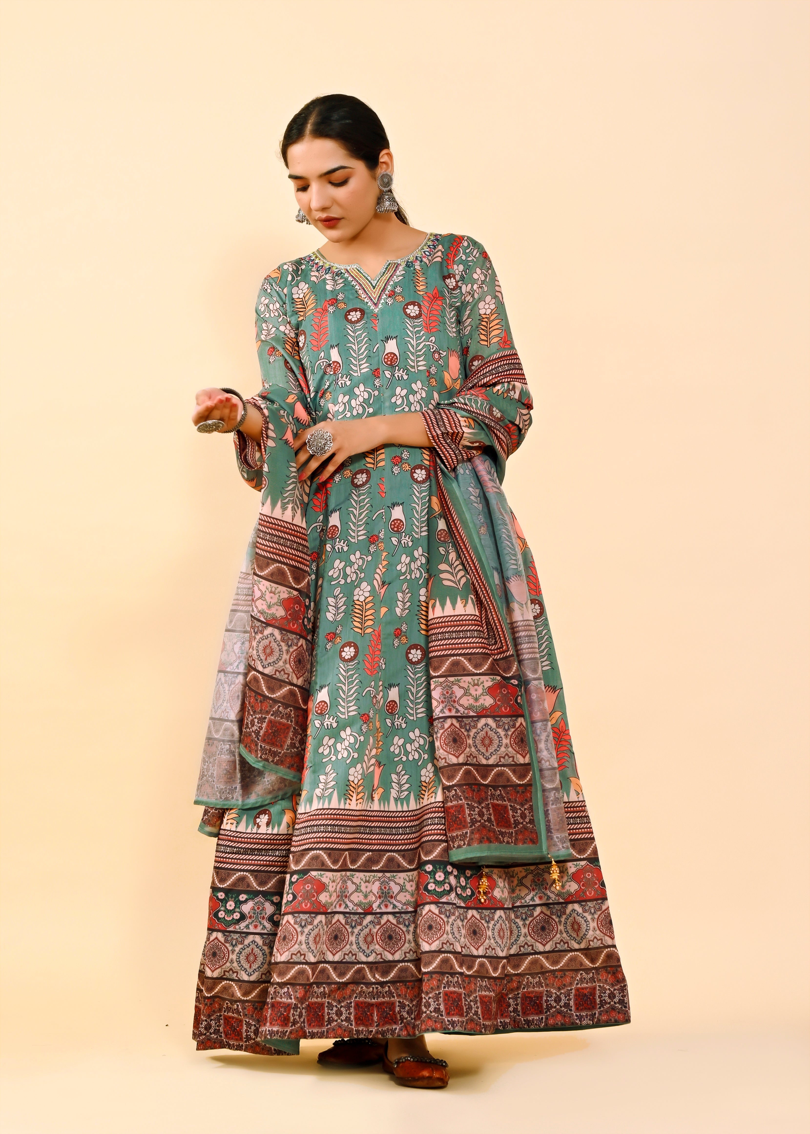 Dazzling Multi-Color Chanderi Silk Gown | Hand-Embroidered Beads & Stones Radiance
