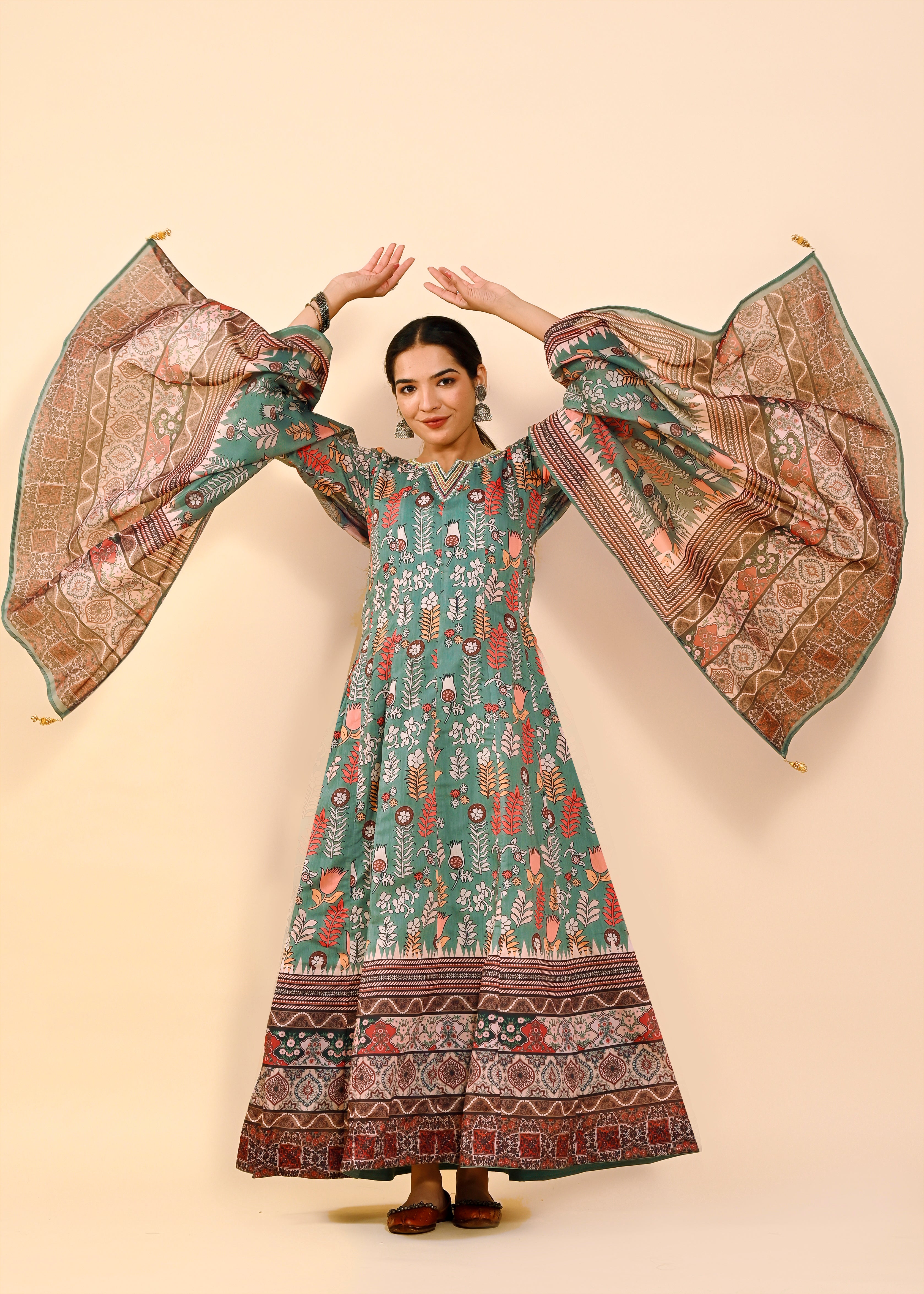 Dazzling Multi-Color Chanderi Silk Gown | Hand-Embroidered Beads & Stones Radiance