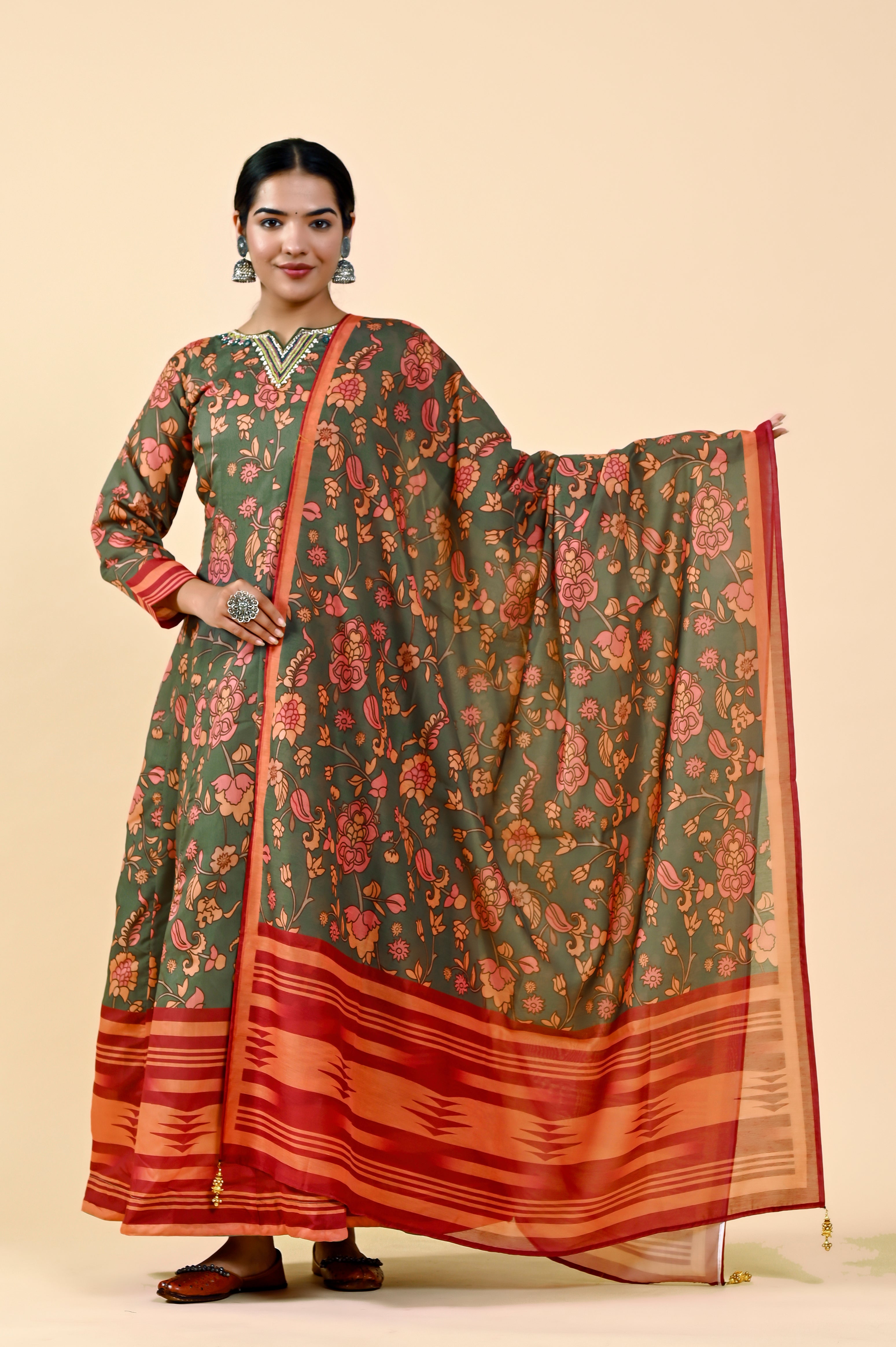 Brilliant Multi-Color Chanderi Silk Gown | Hand-Embroidered Beads & Stones Splendor