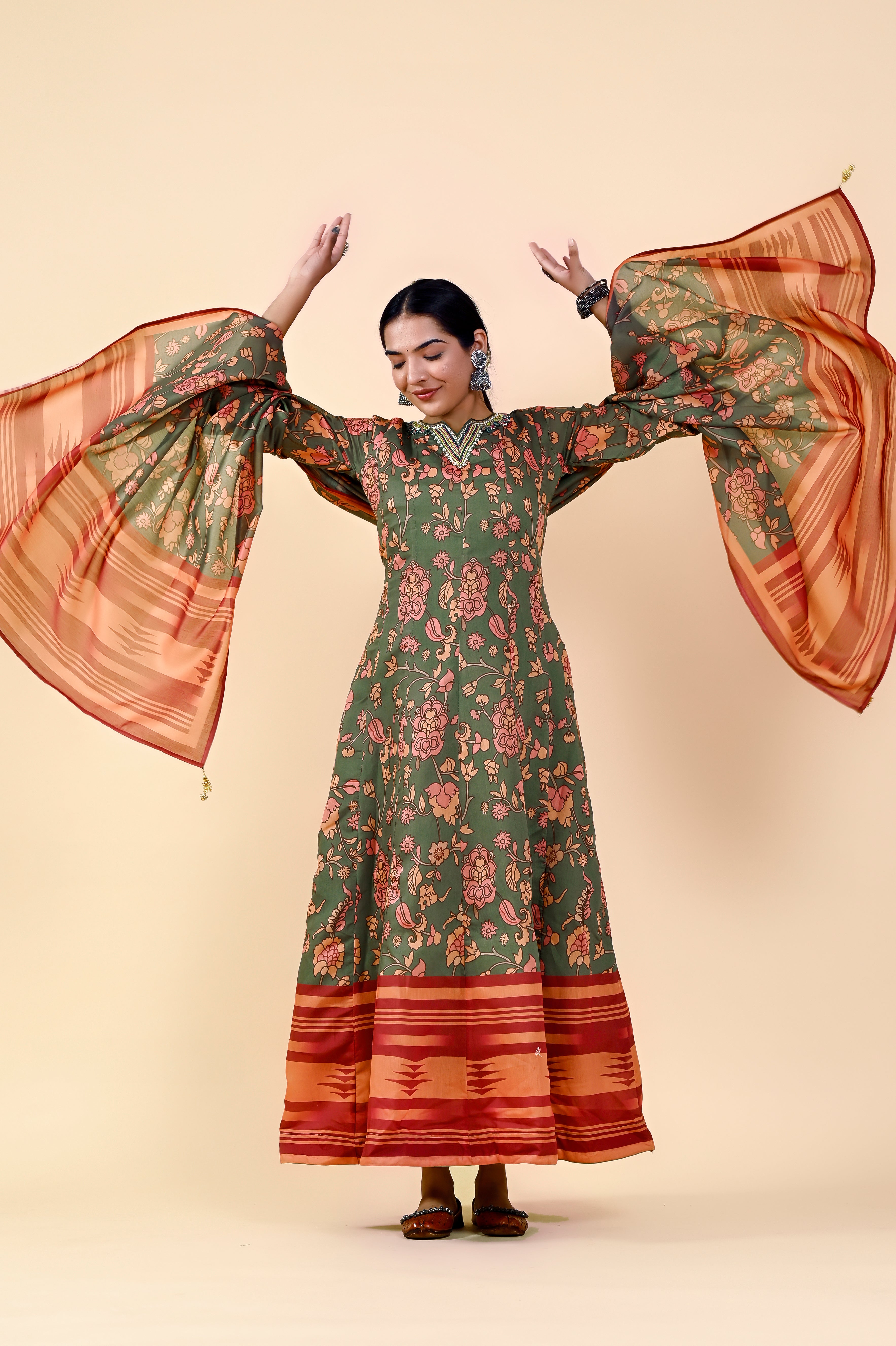 Brilliant Multi-Color Chanderi Silk Gown | Hand-Embroidered Beads & Stones Splendor