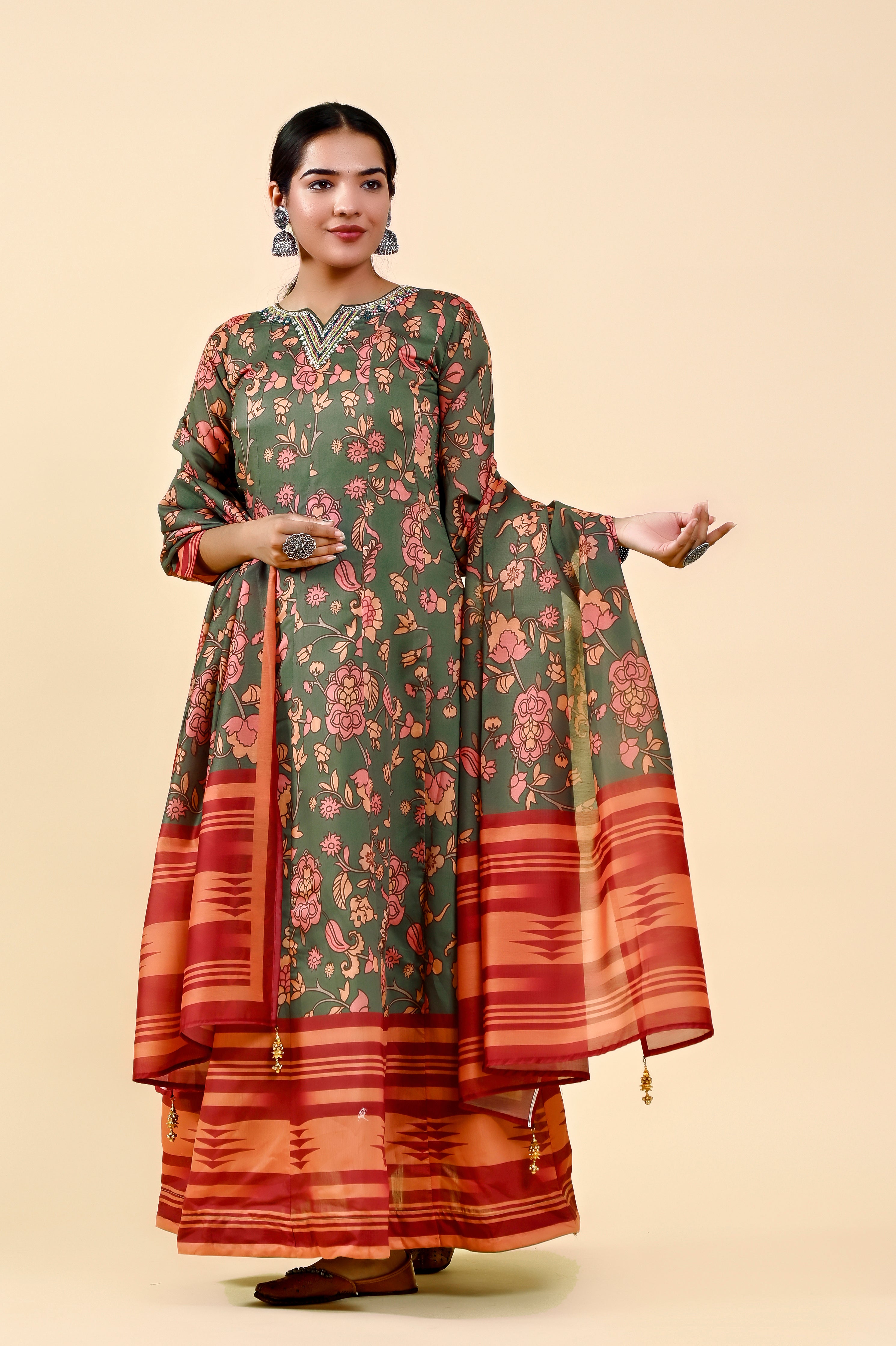 Brilliant Multi-Color Chanderi Silk Gown | Hand-Embroidered Beads & Stones Splendor