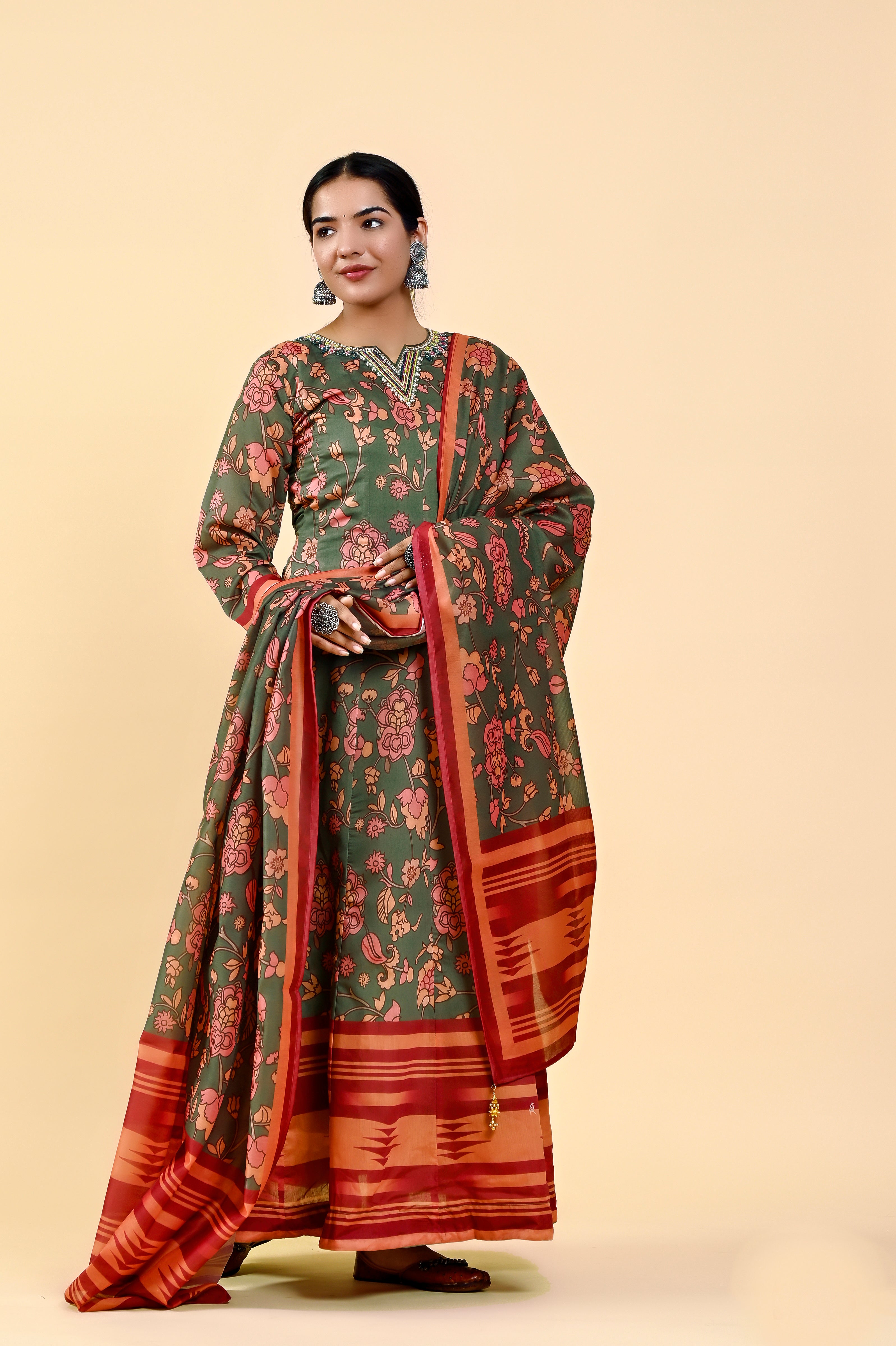 Brilliant Multi-Color Chanderi Silk Gown | Hand-Embroidered Beads & Stones Splendor