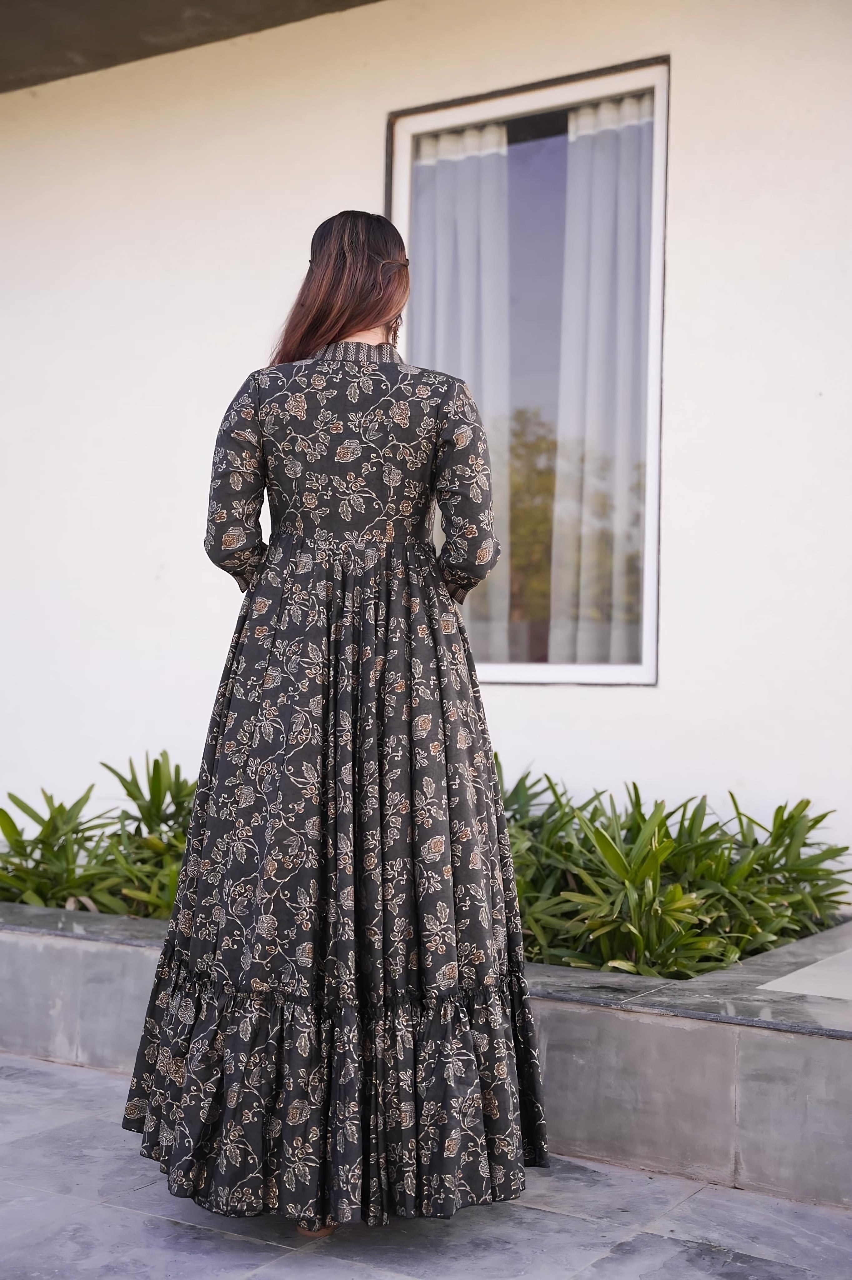 Midnight Shadow Muslin Readymade Suit | Digital Print & Full Round Flair Elegance