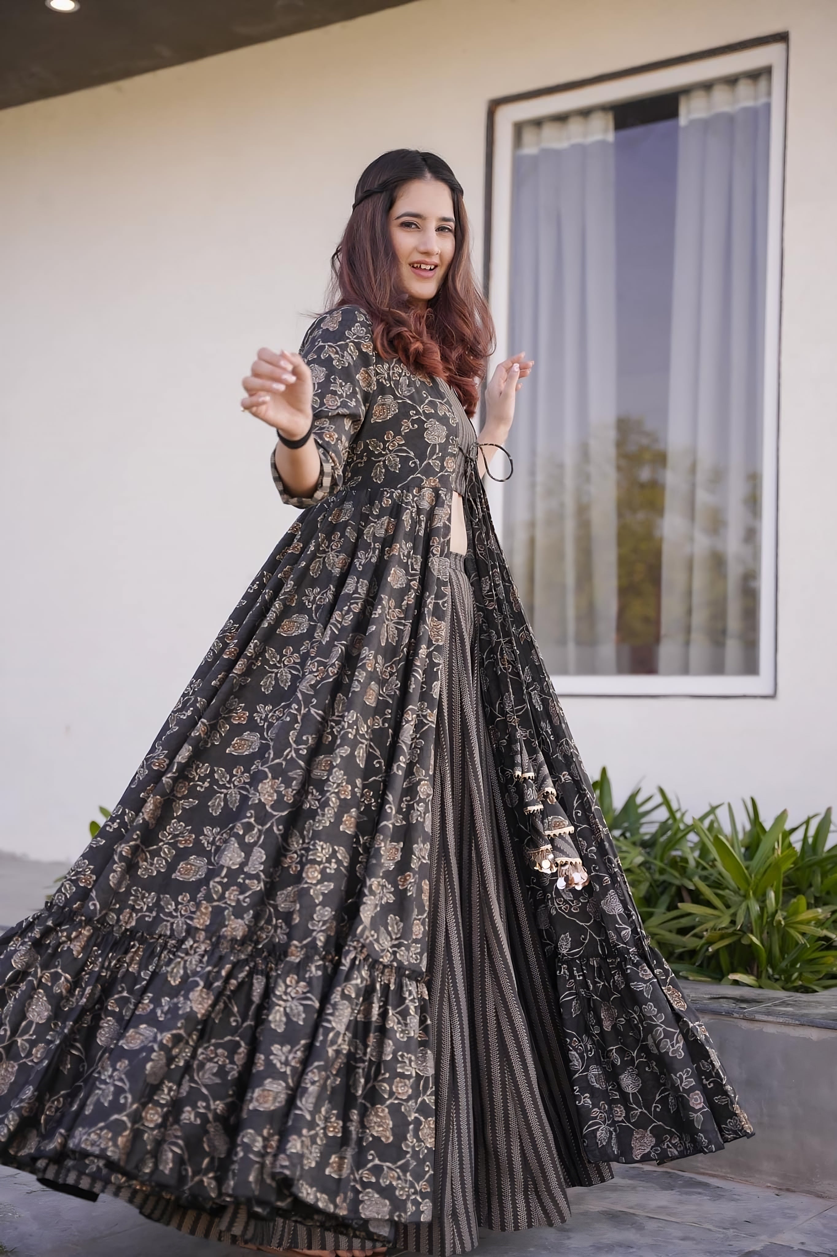Midnight Shadow Muslin Readymade Suit | Digital Print & Full Round Flair Elegance