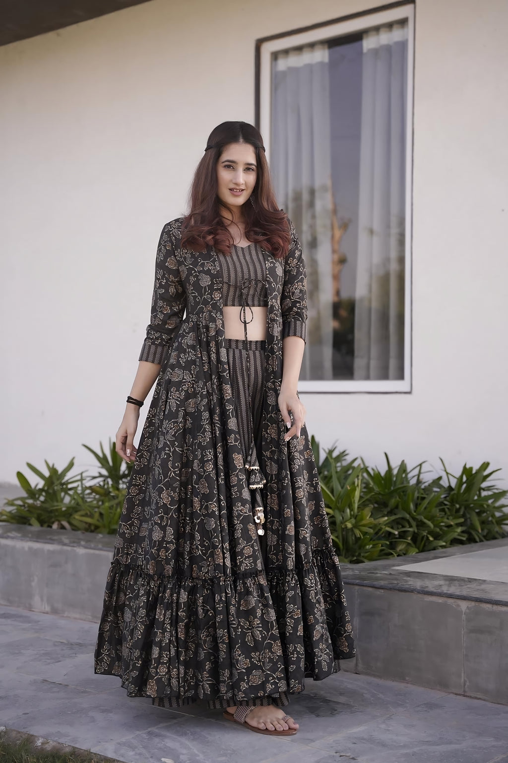 Midnight Shadow Muslin Readymade Suit | Digital Print & Full Round Flair Elegance
