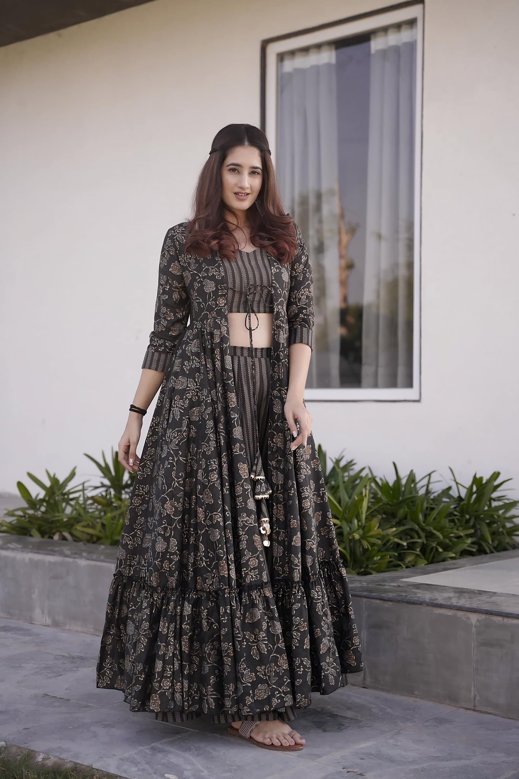 Midnight Shadow Muslin Readymade Suit | Digital Print & Full Round Flair Elegance