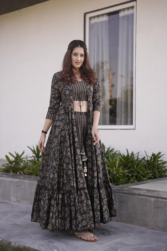 Midnight Shadow Muslin Readymade Suit | Digital Print & Full Round Flair Elegance