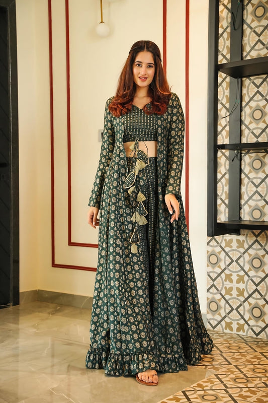 Forest Whisper Muslin Readymade Suit | Digital Print & Full Round Flair Serenity