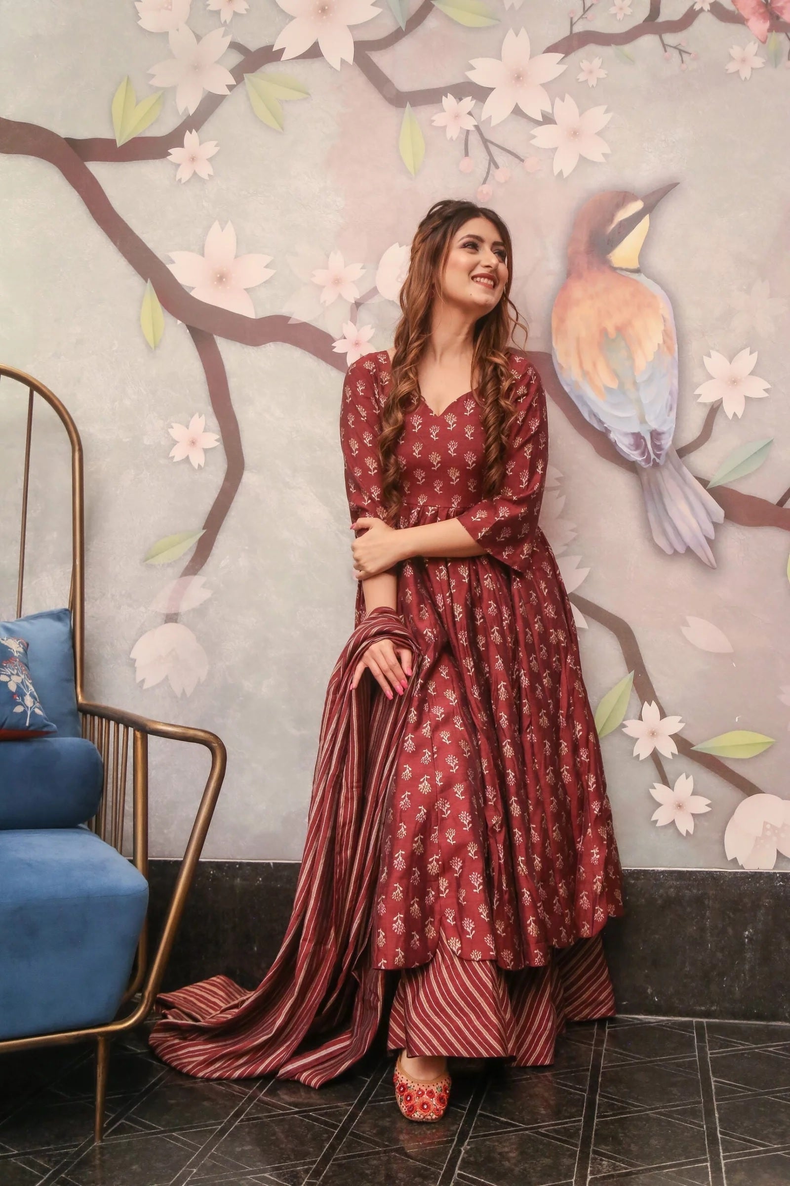 Royal Wine Pure Maslin Readymade Suit | Heavy Digital Printed Heritage Ensemble