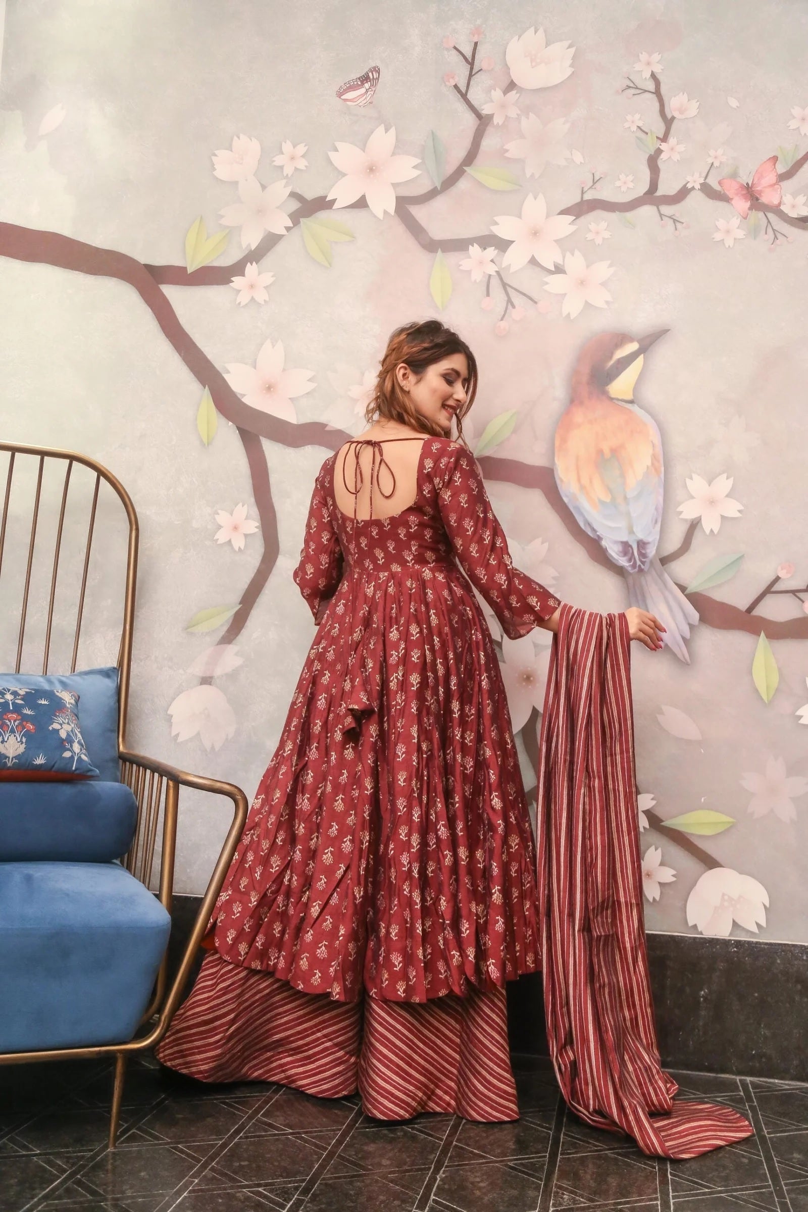 Royal Wine Pure Maslin Readymade Suit | Heavy Digital Printed Heritage Ensemble