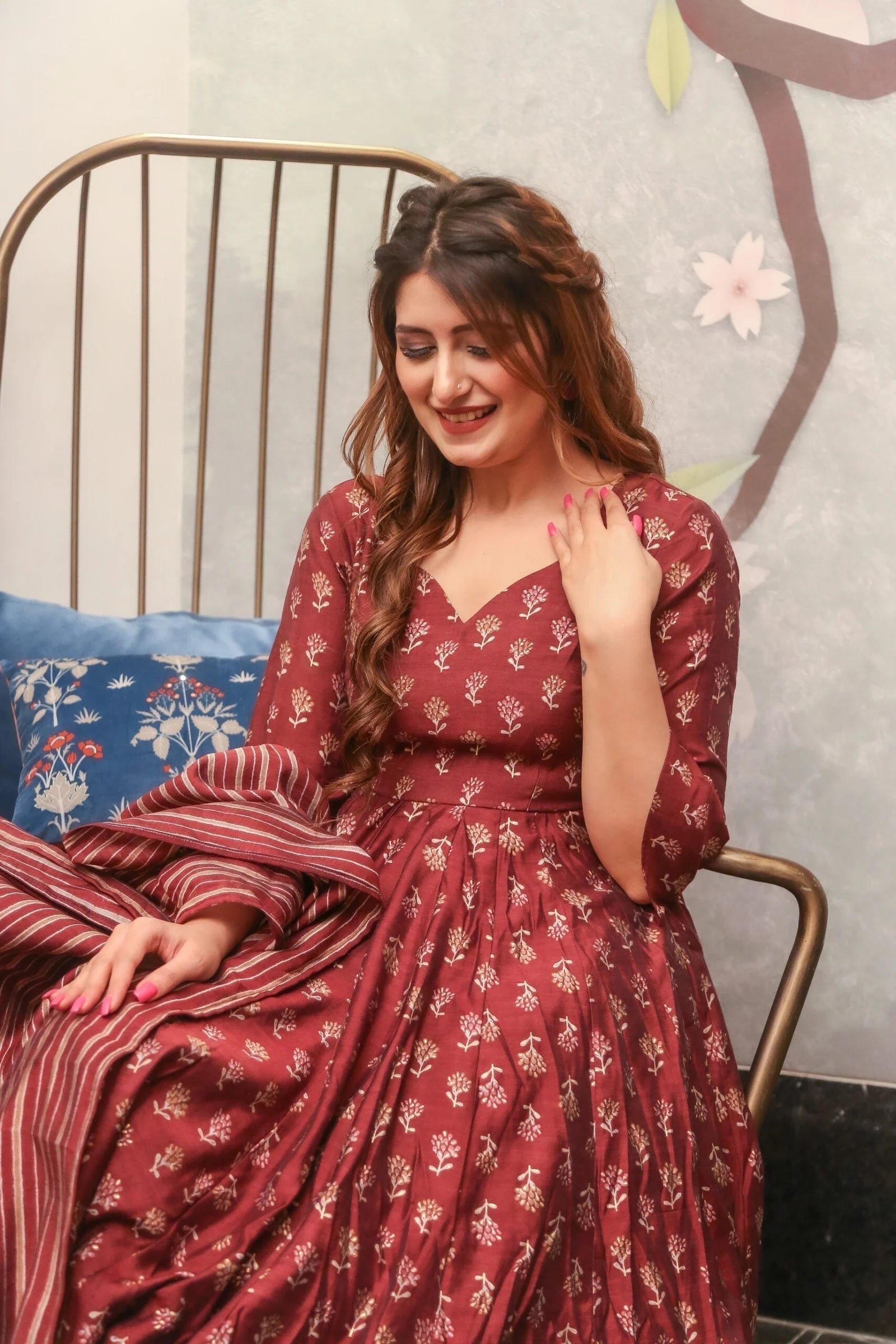 Royal Wine Pure Maslin Readymade Suit | Heavy Digital Printed Heritage Ensemble