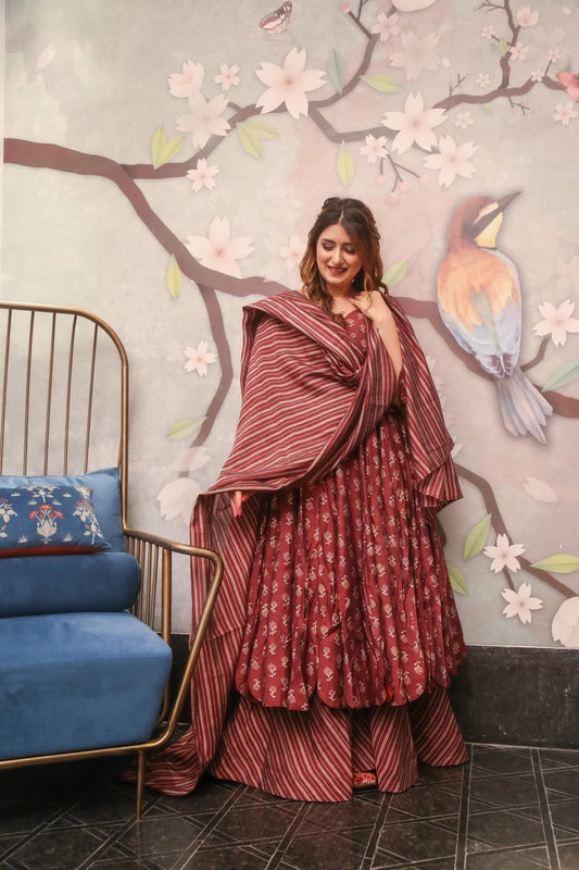 Royal Wine Pure Maslin Readymade Suit | Heavy Digital Printed Heritage Ensemble