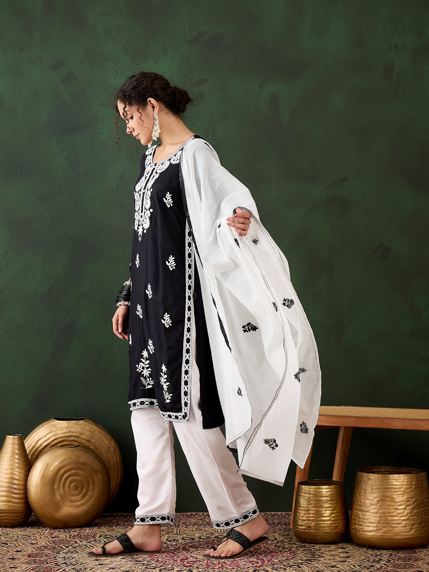 Black Heavy Rayon Cotton Suit | Embroidered Work with Chanderi Silk Dupatta Couture