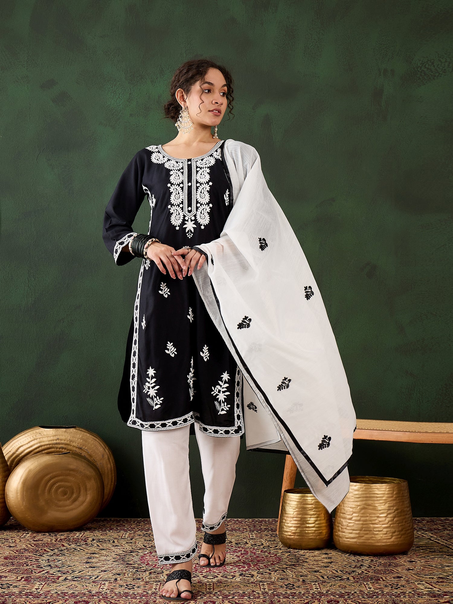 Black Heavy Rayon Cotton Suit | Embroidered Work with Chanderi Silk Dupatta Couture